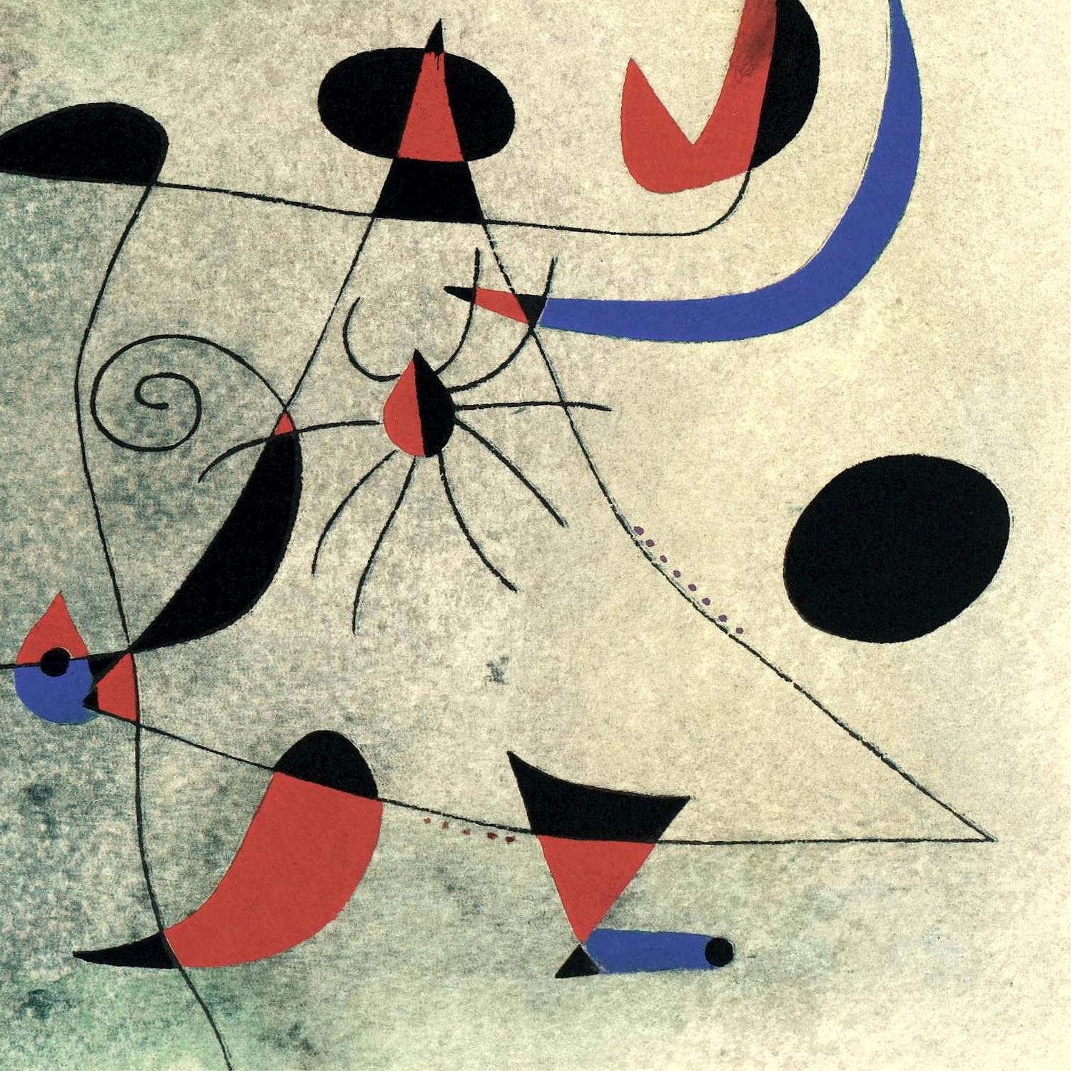 Abstract art with geometric shapes in black, red, and blue on a textured beige background