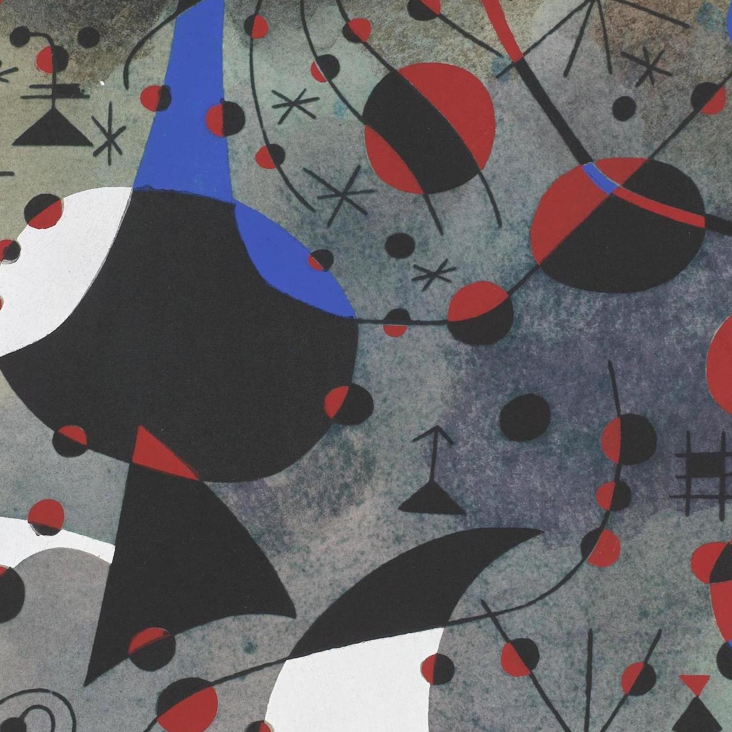 Abstract art with geometric shapes in black, red, and blue on a gray background