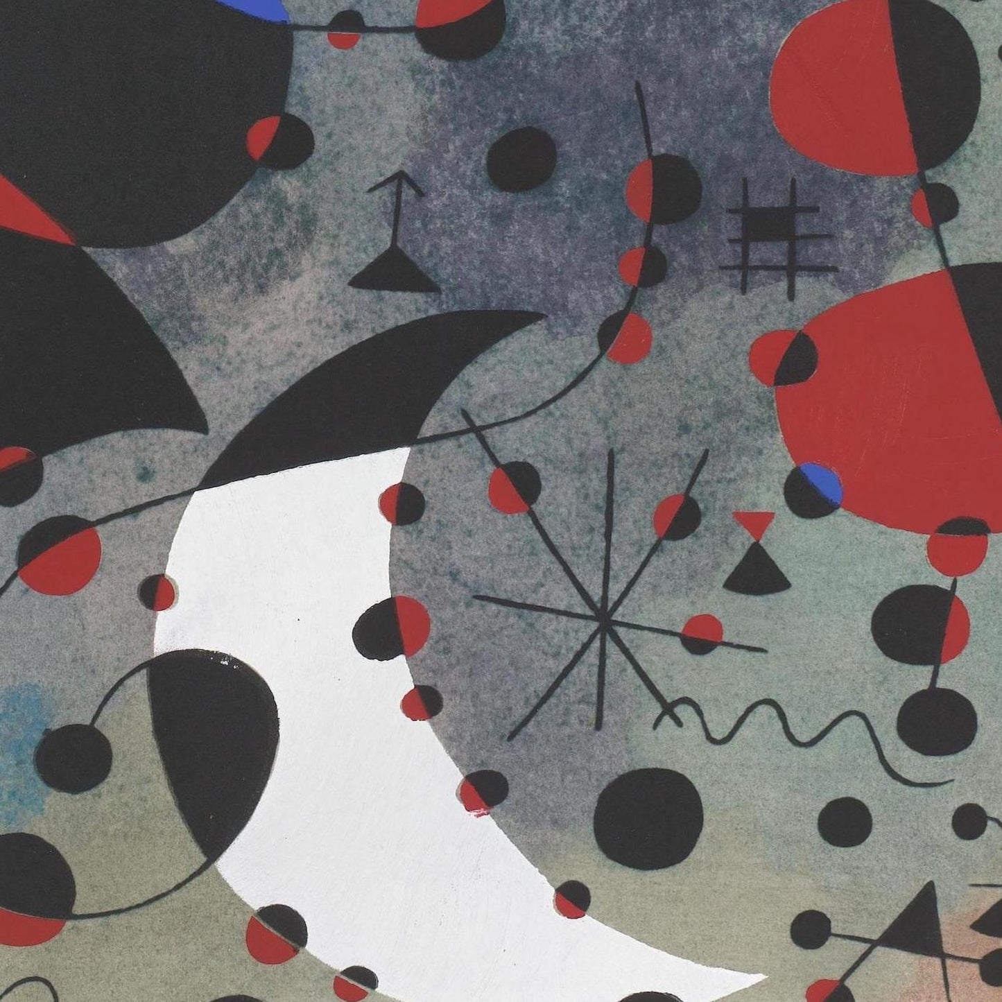 Abstract art with geometric shapes in black, red, and gray on a textured background