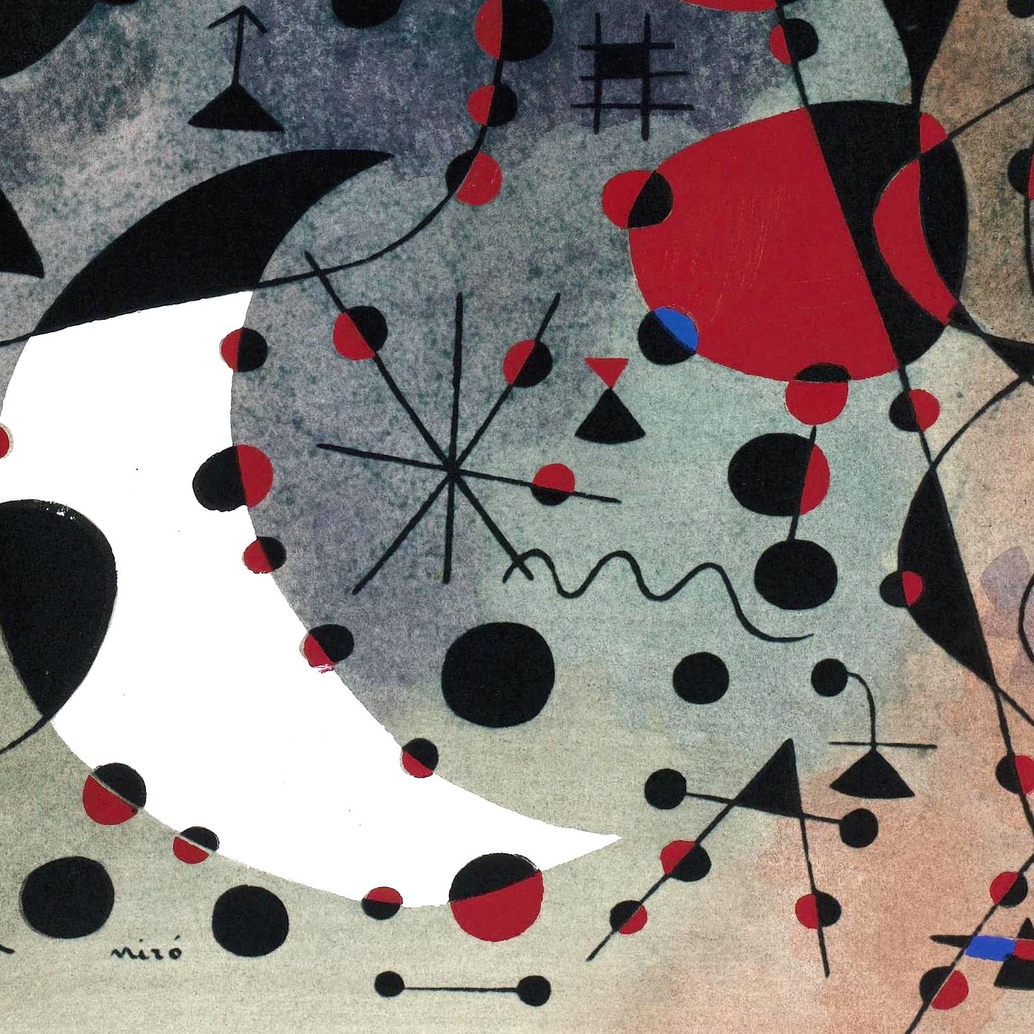 Abstract artwork with geometric shapes in black, red, and white on a textured background