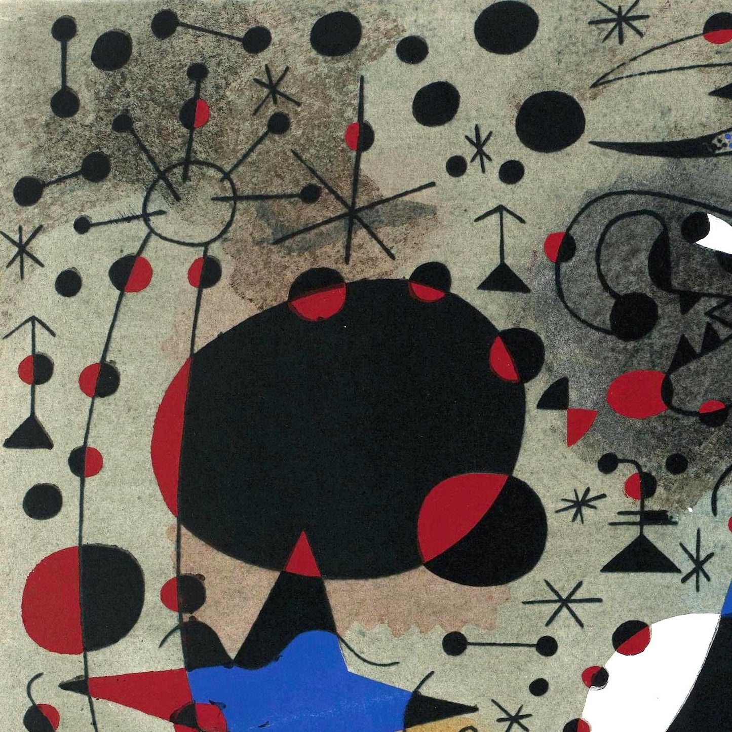 Abstract art piece with geometric shapes and a prominent black and red figure.