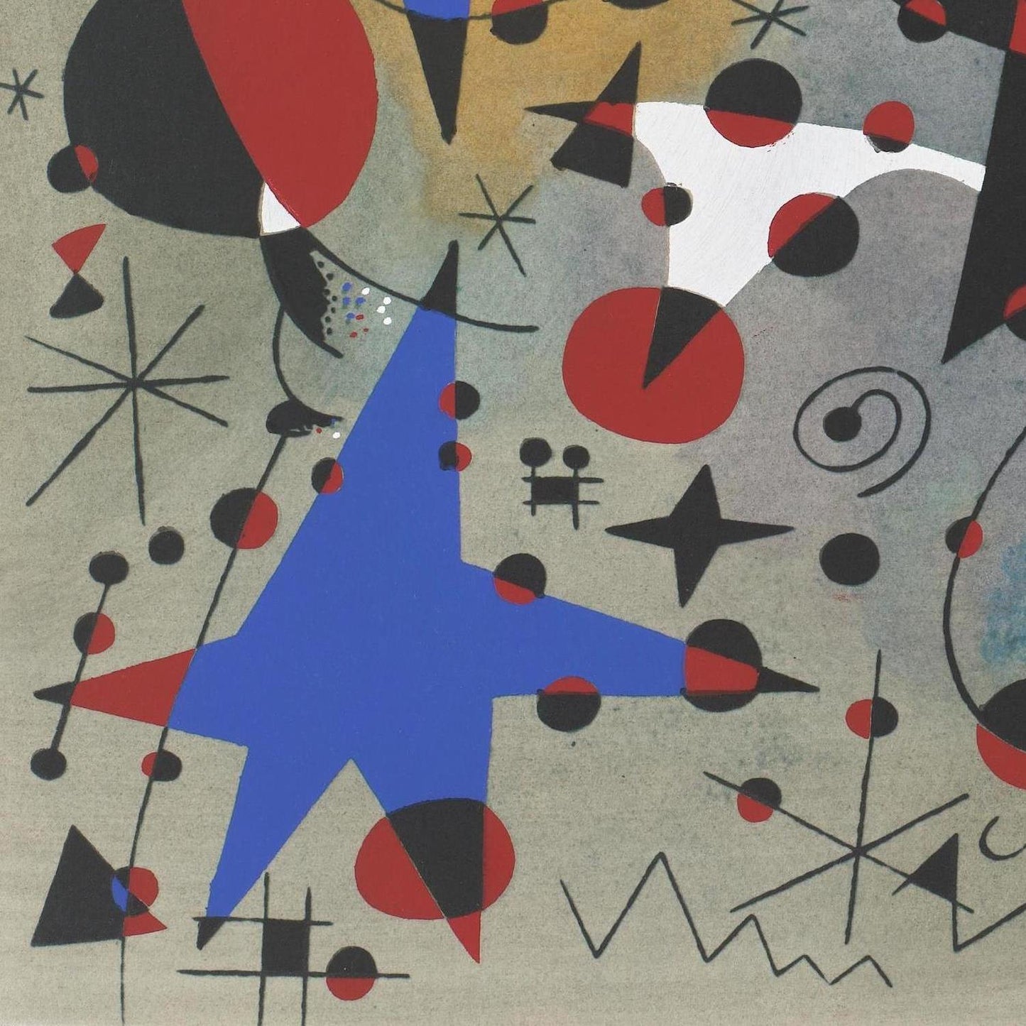 Abstract artwork with geometric shapes in blue, red, black, and gray.