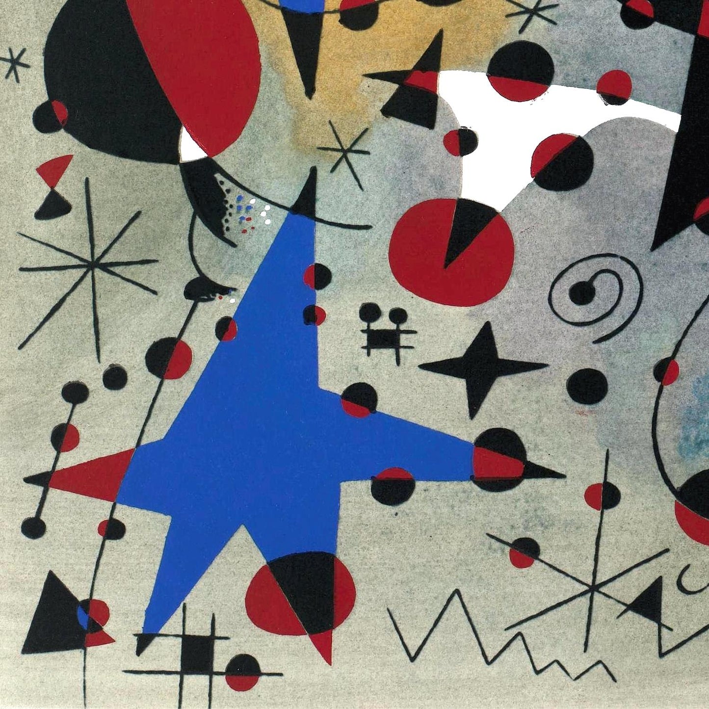 Abstract art piece with geometric shapes in blue, red, black, and gray.