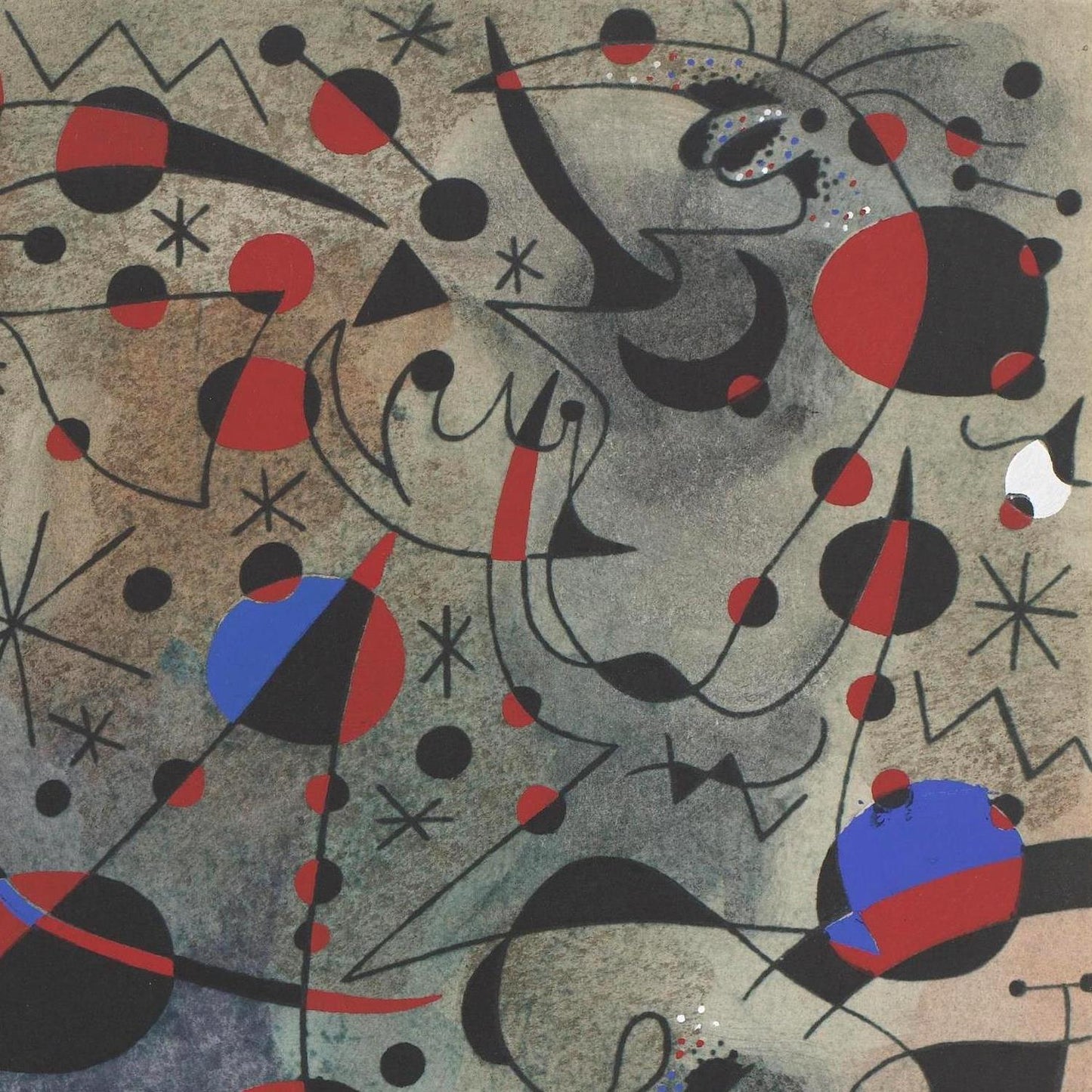 Abstract artwork with geometric shapes and bold colors on a textured background