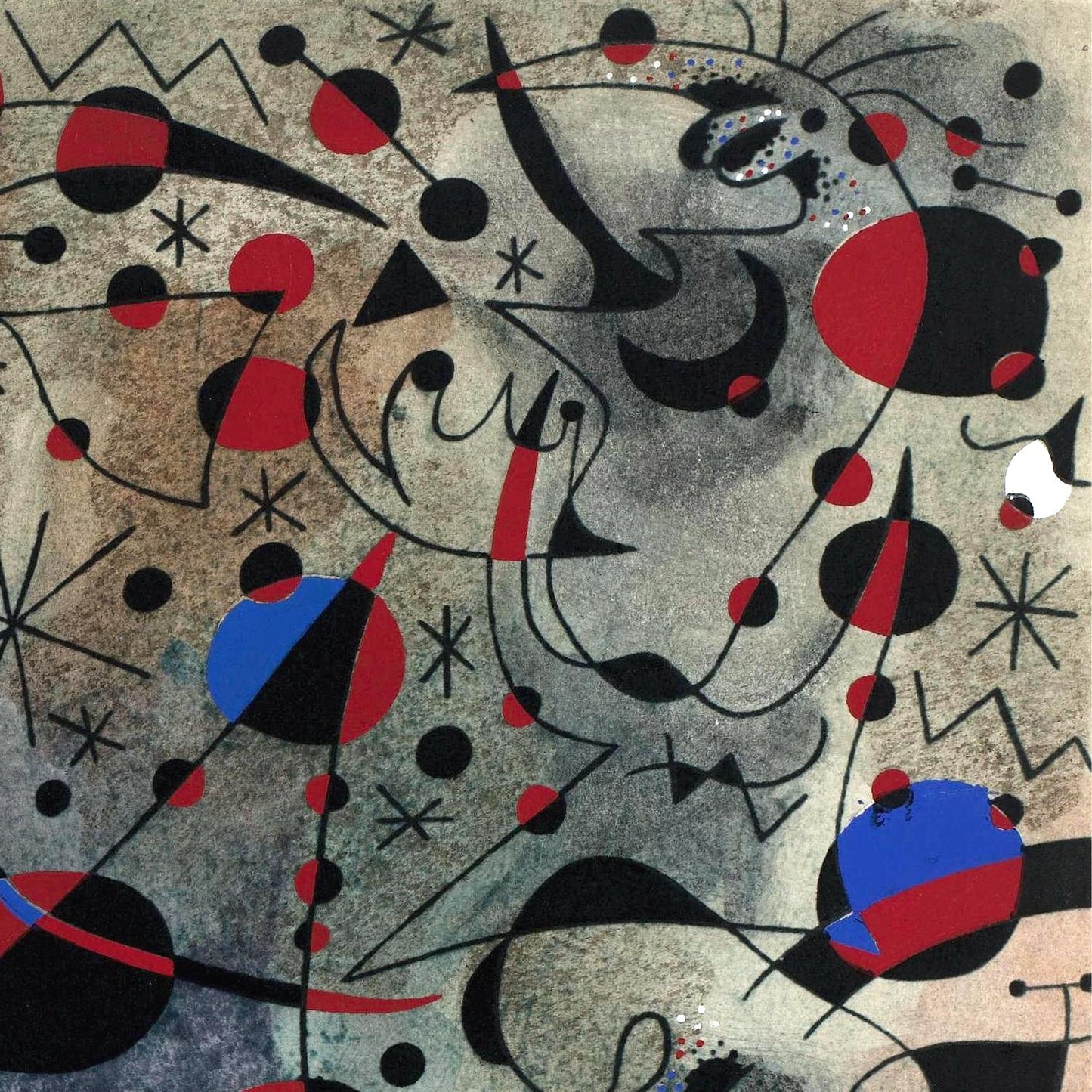 Abstract artwork with geometric shapes and colors on a textured background