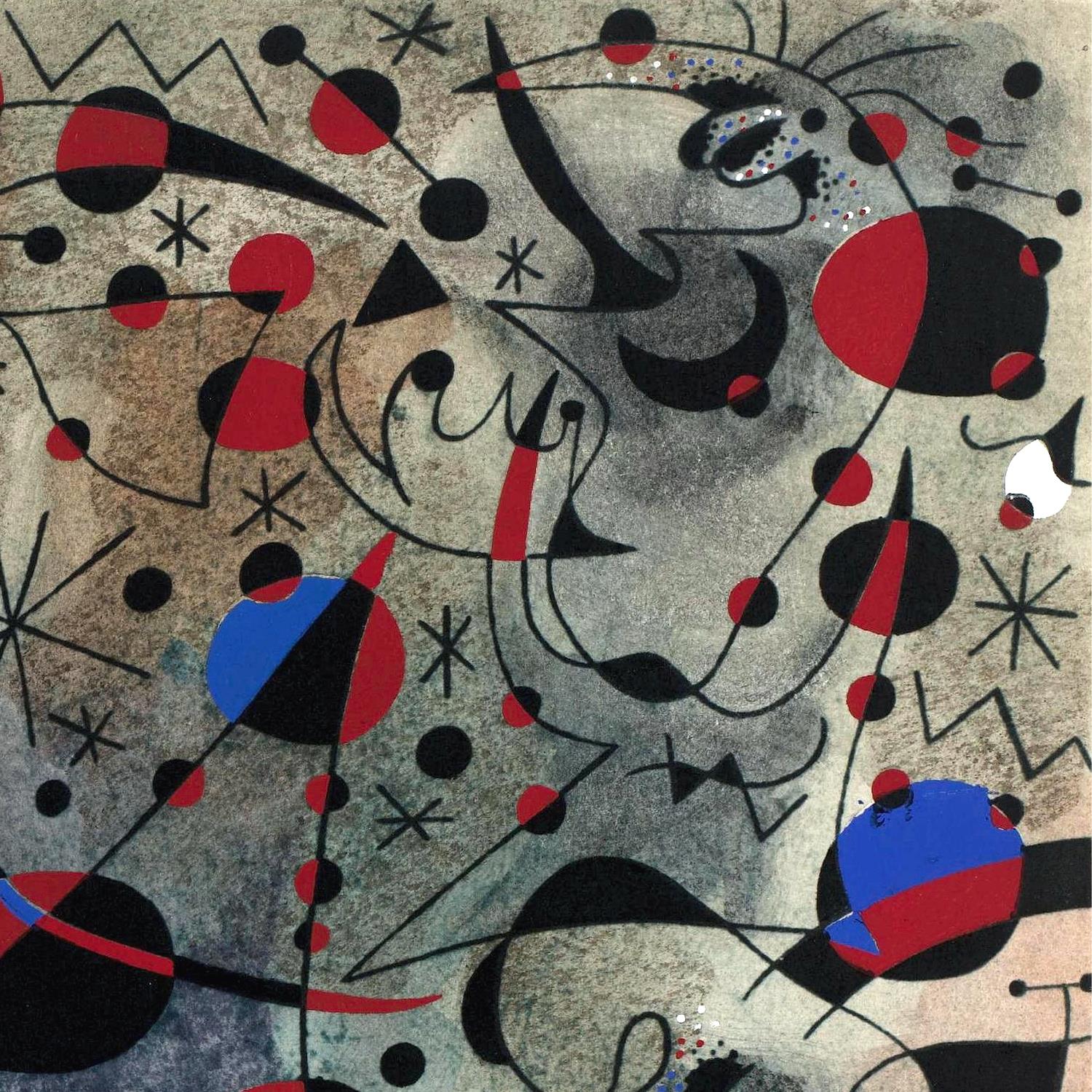 Abstract artwork with geometric shapes and colors on a textured background