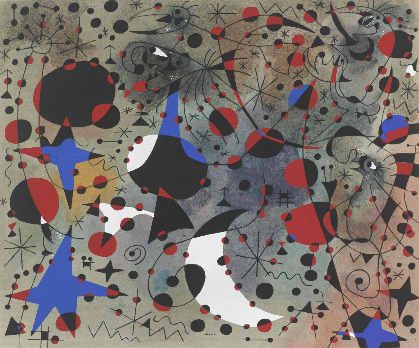 Abstract artwork with geometric shapes and colors on a textured background