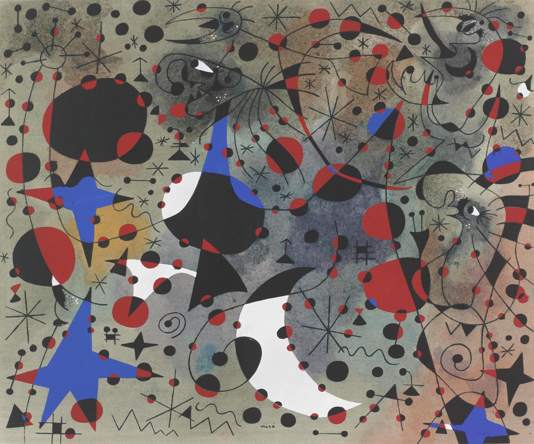 Abstract artwork with geometric shapes and colors on a textured background