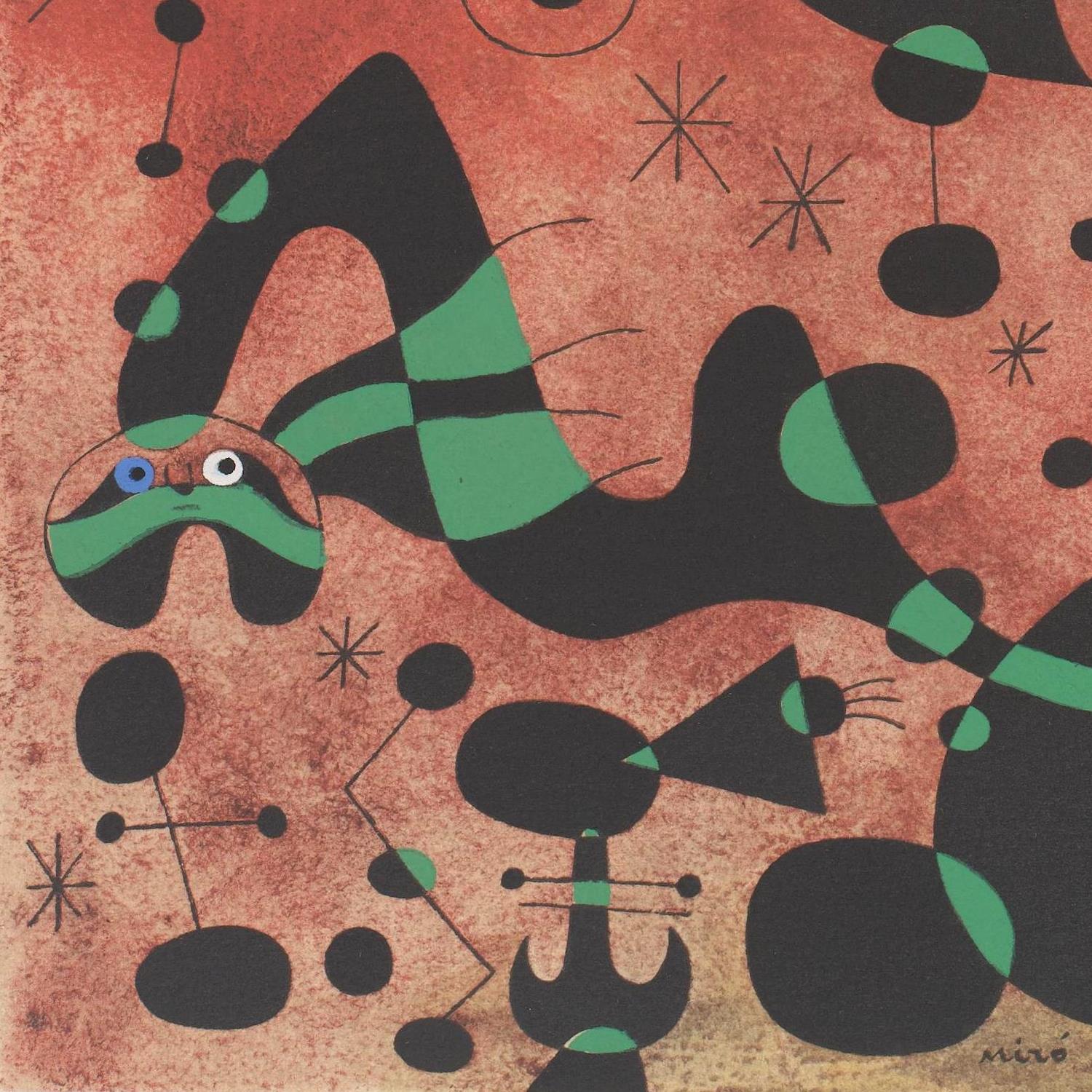 Abstract artwork with geometric shapes and colors on a textured brown background