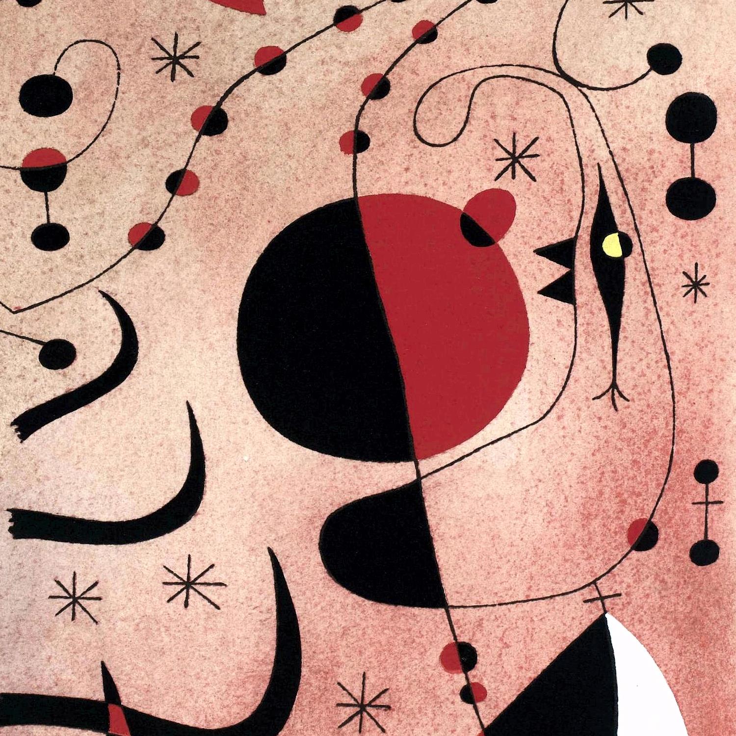Abstract art with black, red, and white shapes on a pink background