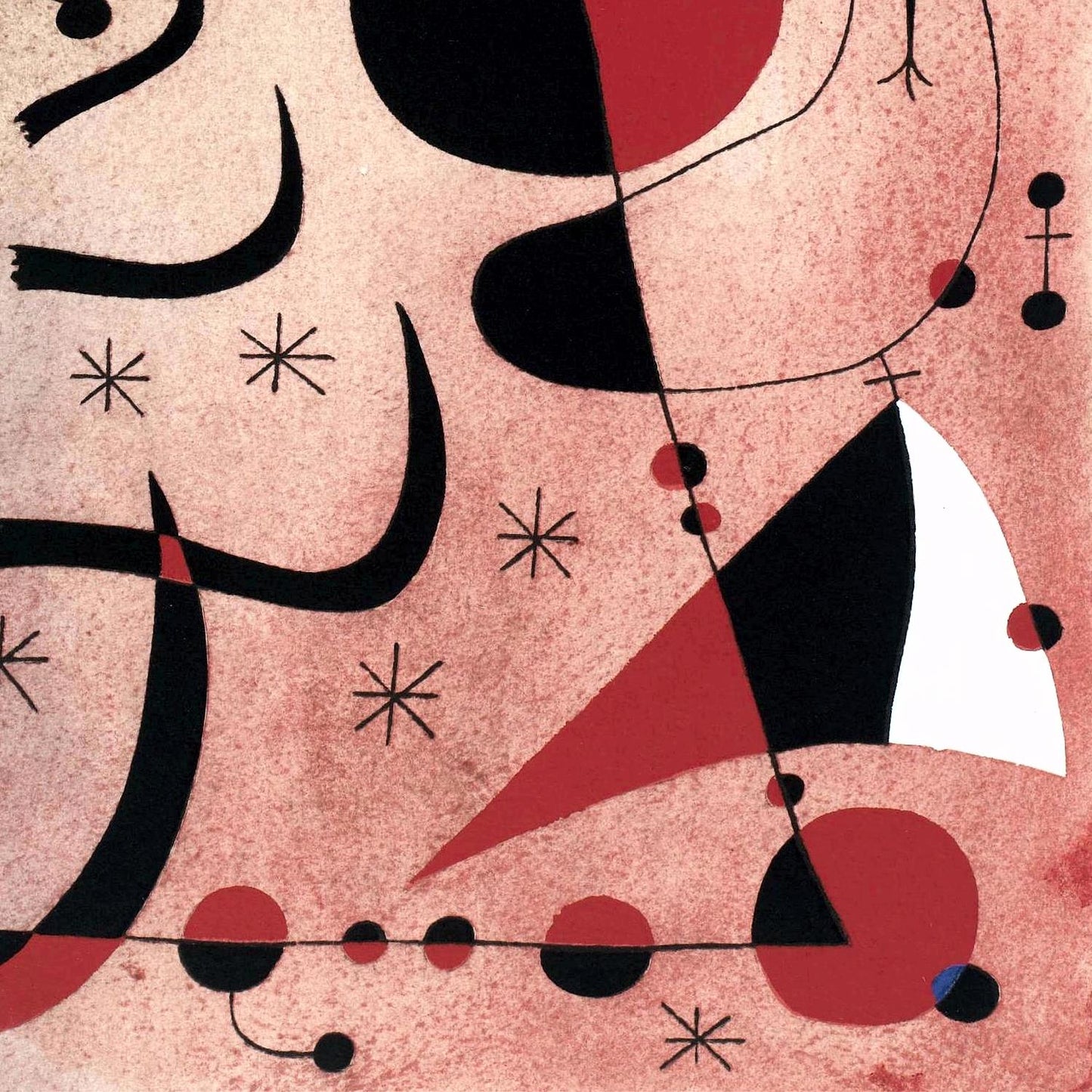 Abstract art with black, red, and white shapes on a pink background