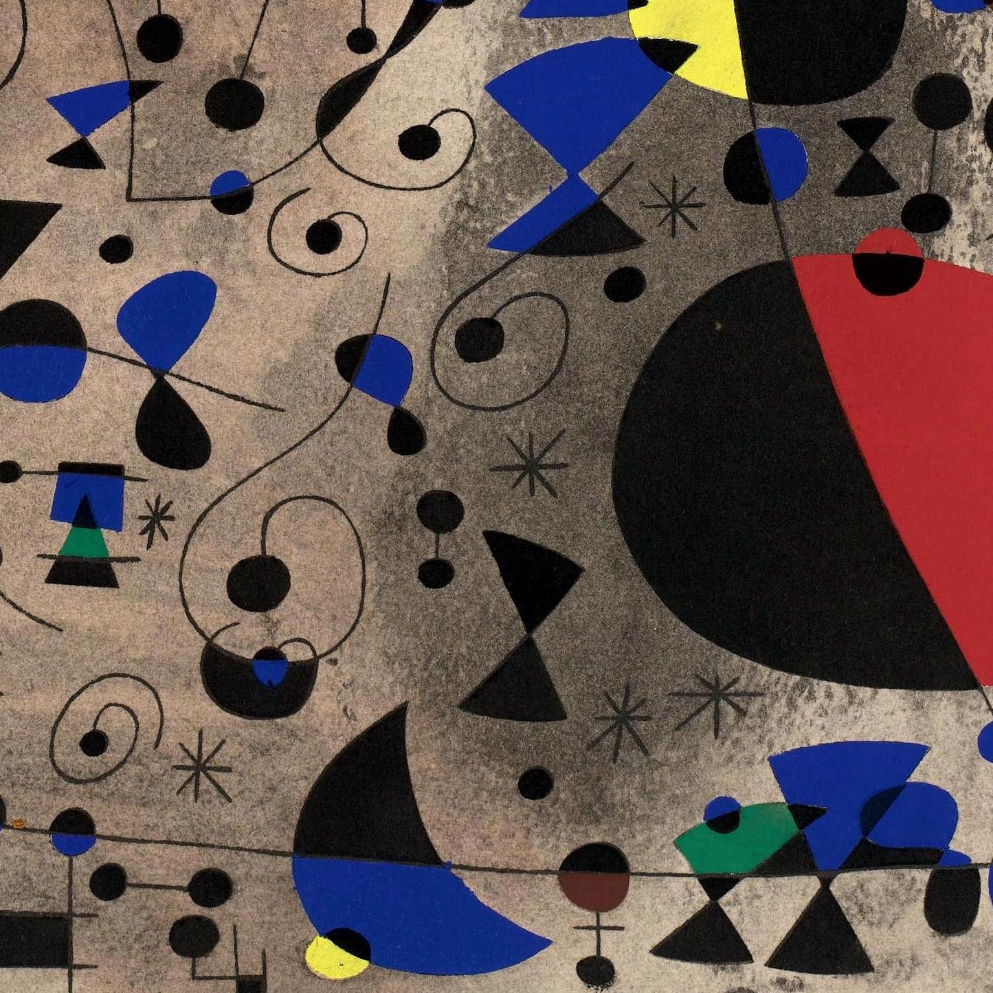 Abstract art with geometric shapes in blue, black, red, and yellow on a beige background