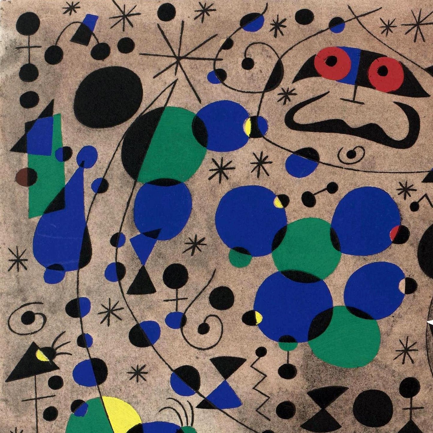 Abstract artwork with geometric shapes and bold colors on a textured background