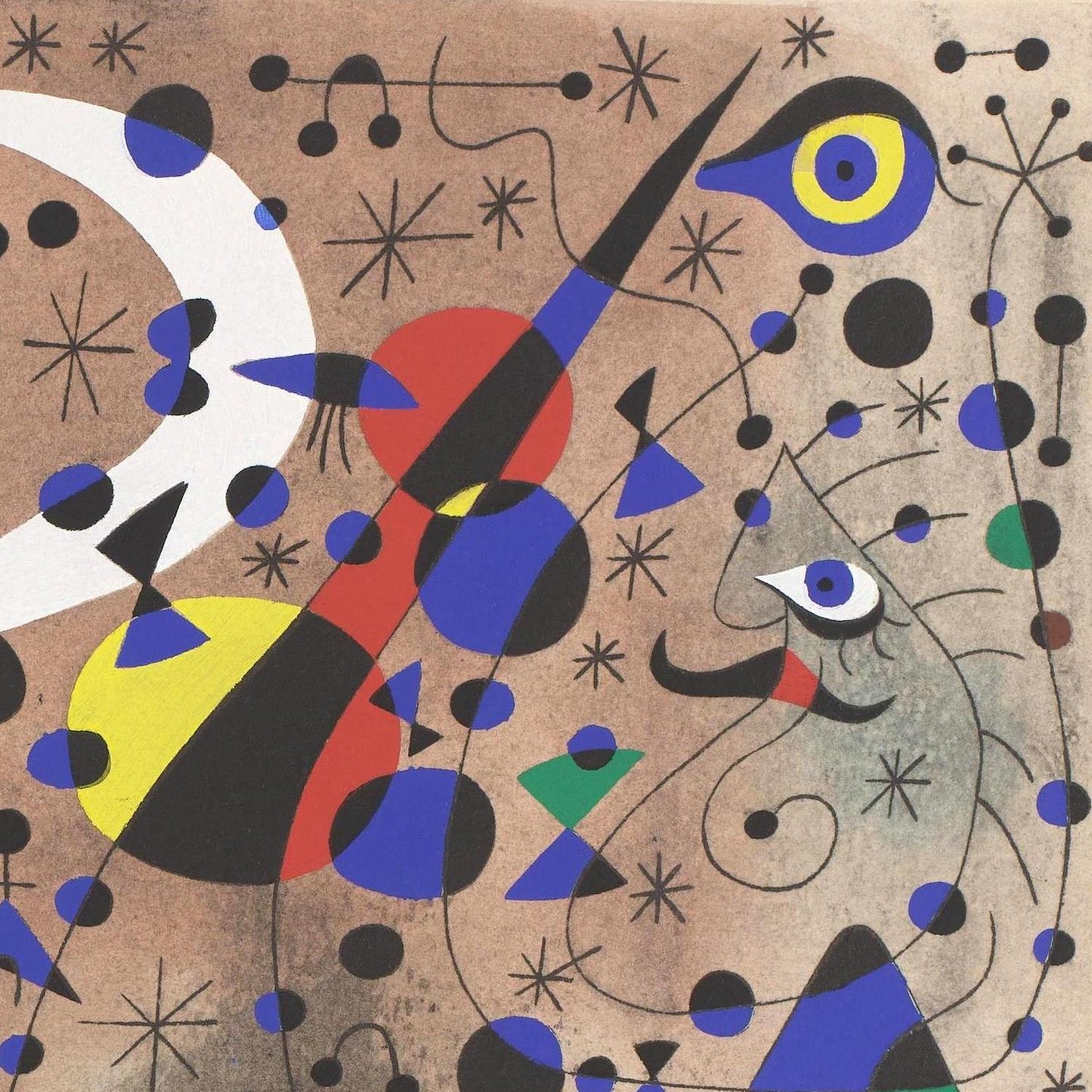 Abstract artwork with geometric shapes and colors on a textured background