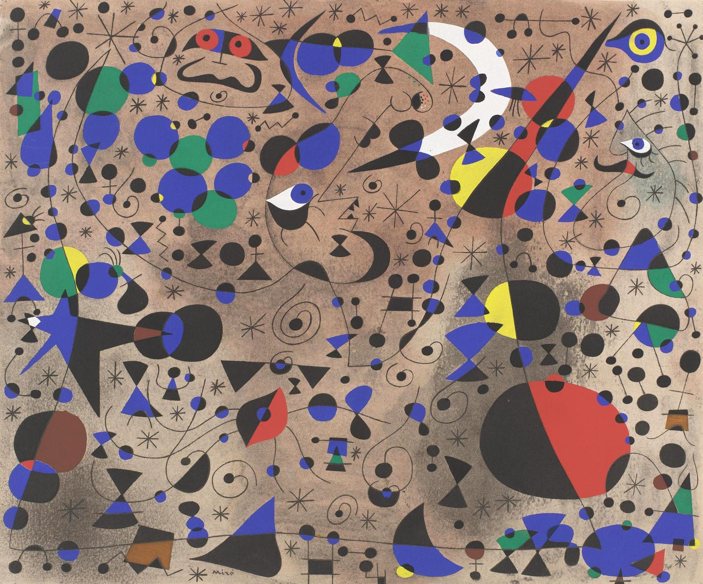 Abstract artwork with geometric shapes and colors on a brown background