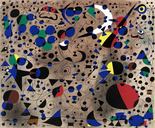 Abstract artwork with geometric shapes and colors on a brown background