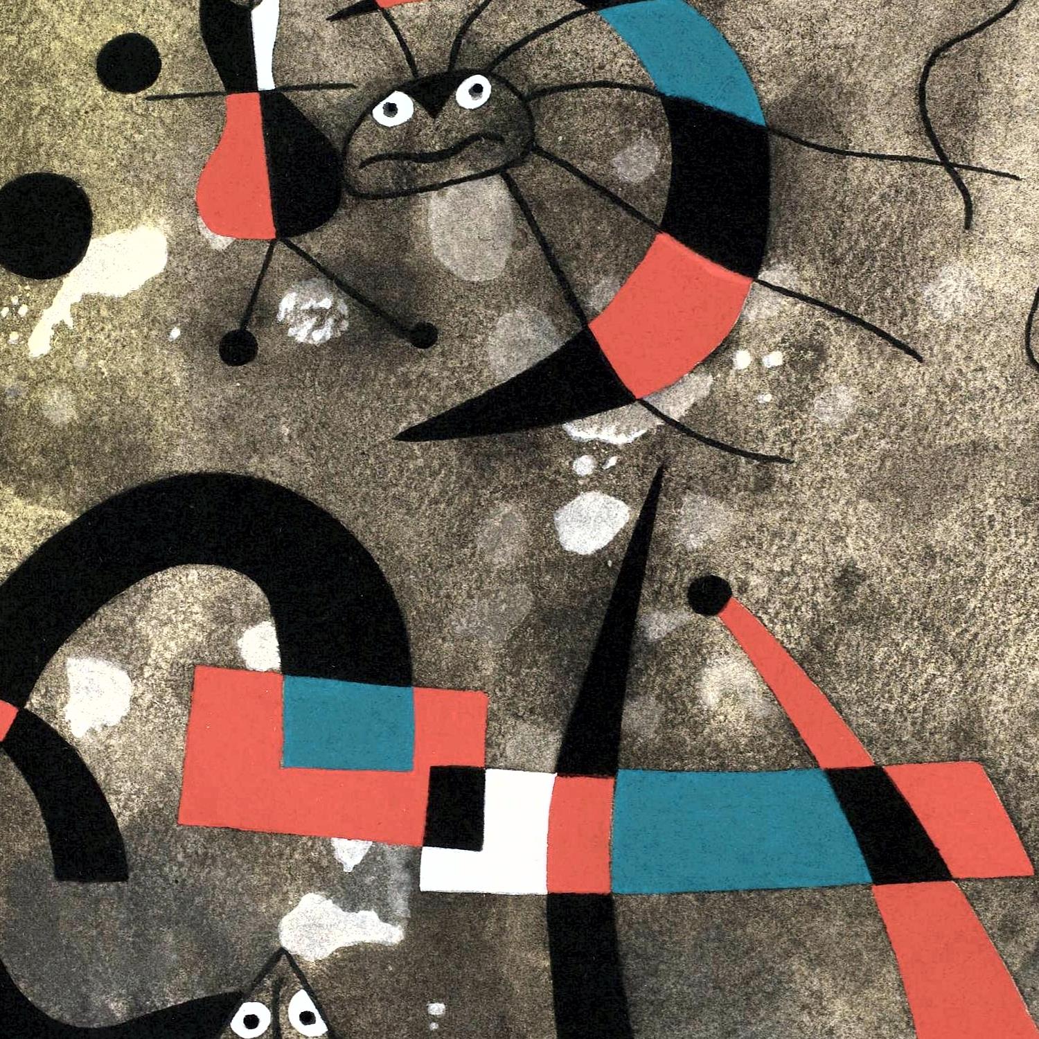Abstract artwork with geometric shapes and bold colors on a textured background