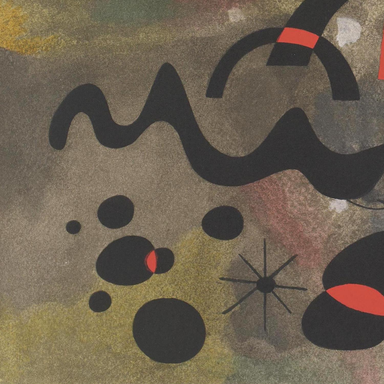 Abstract art with black wavy lines, red dots, and geometric shapes on a textured brown background.
