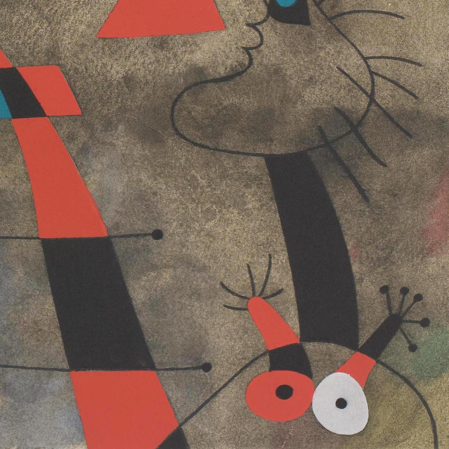 Abstract artwork with geometric shapes and a cat-like figure on a textured background