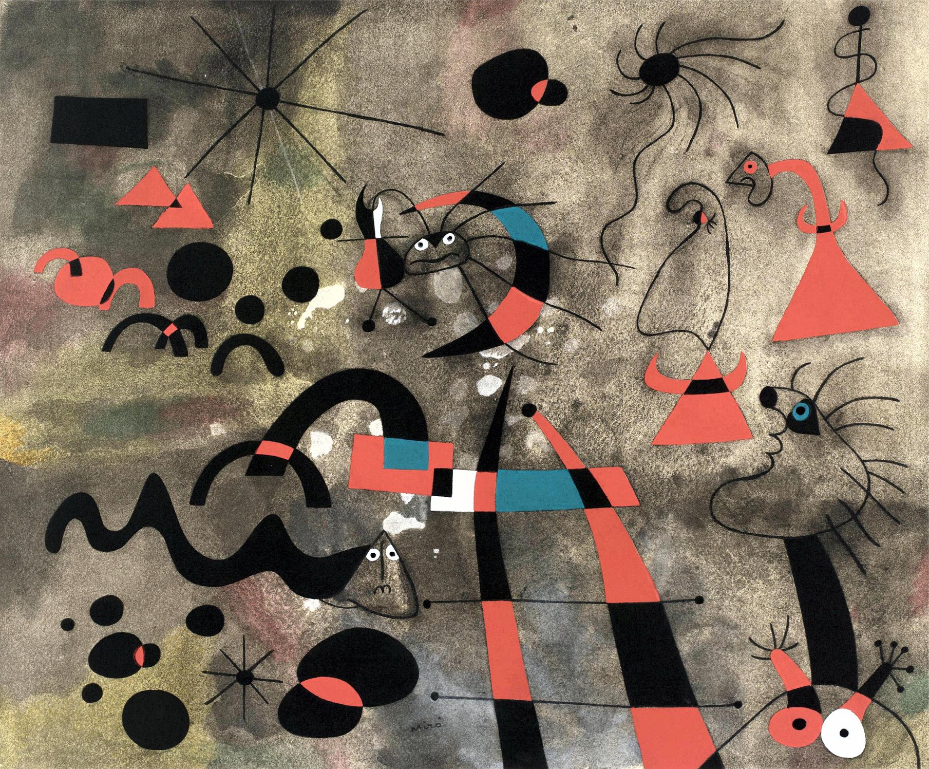 Abstract artwork with geometric shapes and figures on a textured background