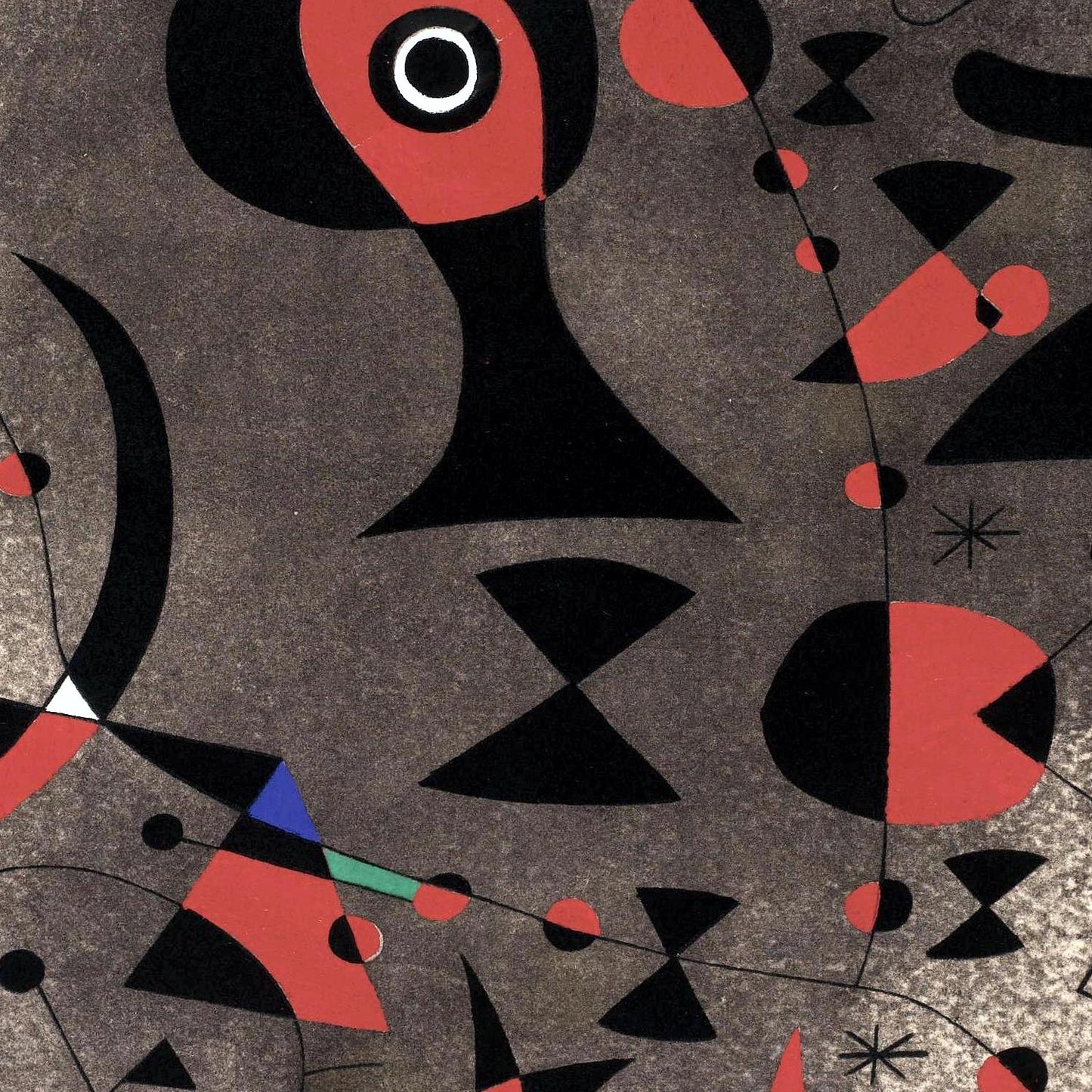 Abstract art with geometric shapes in black, red, and gray on a textured background