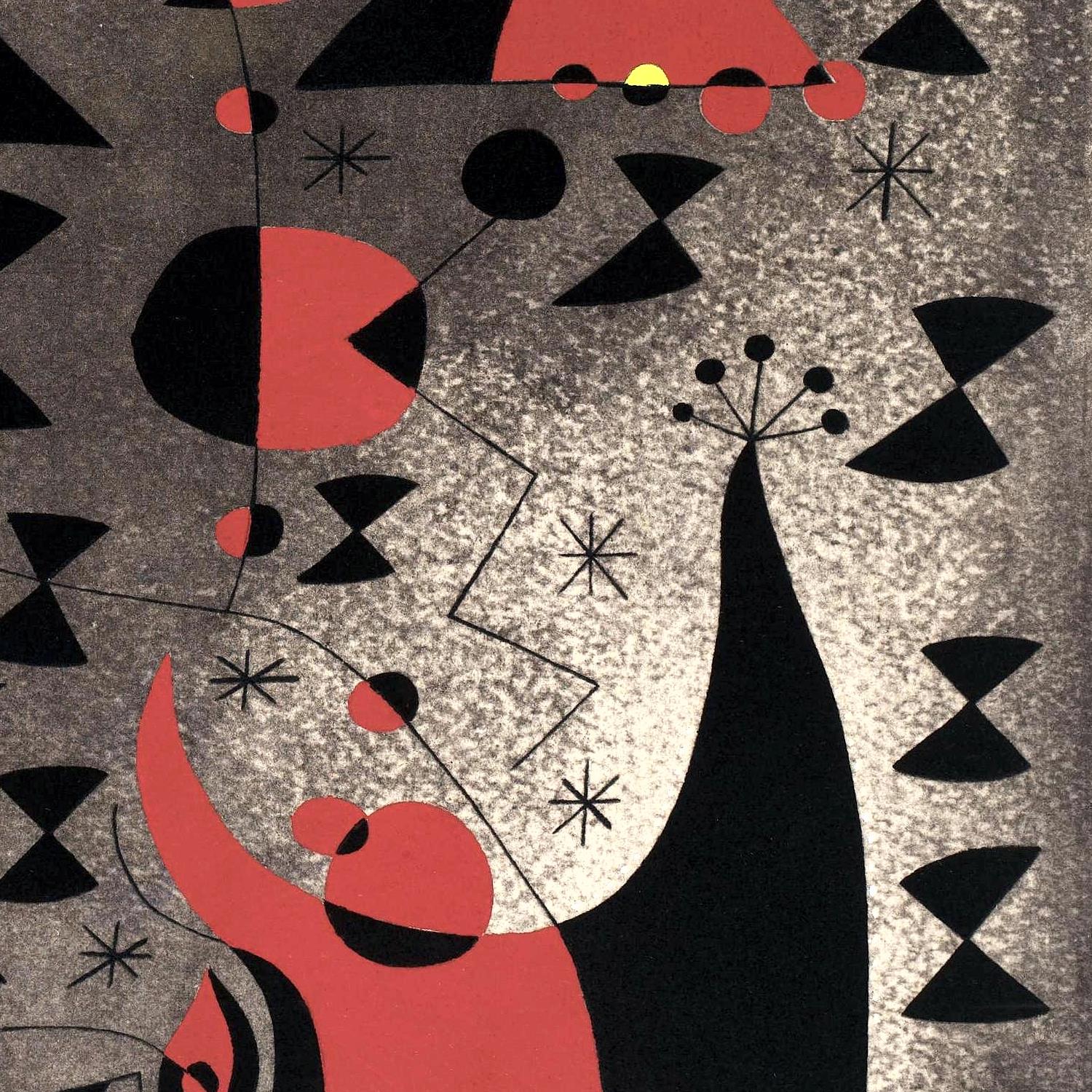 Abstract art with geometric shapes in red, black, and gray.