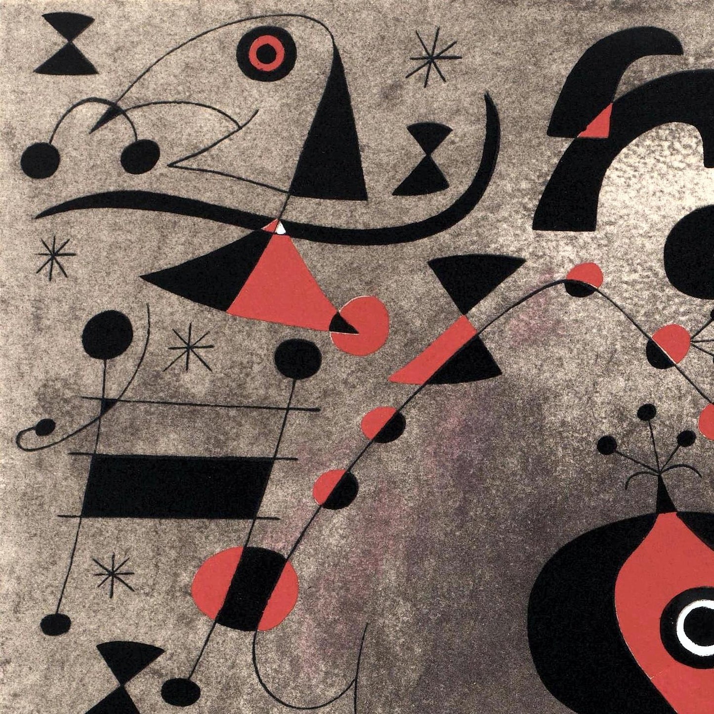 Abstract artwork with geometric shapes in black, red, and gray.