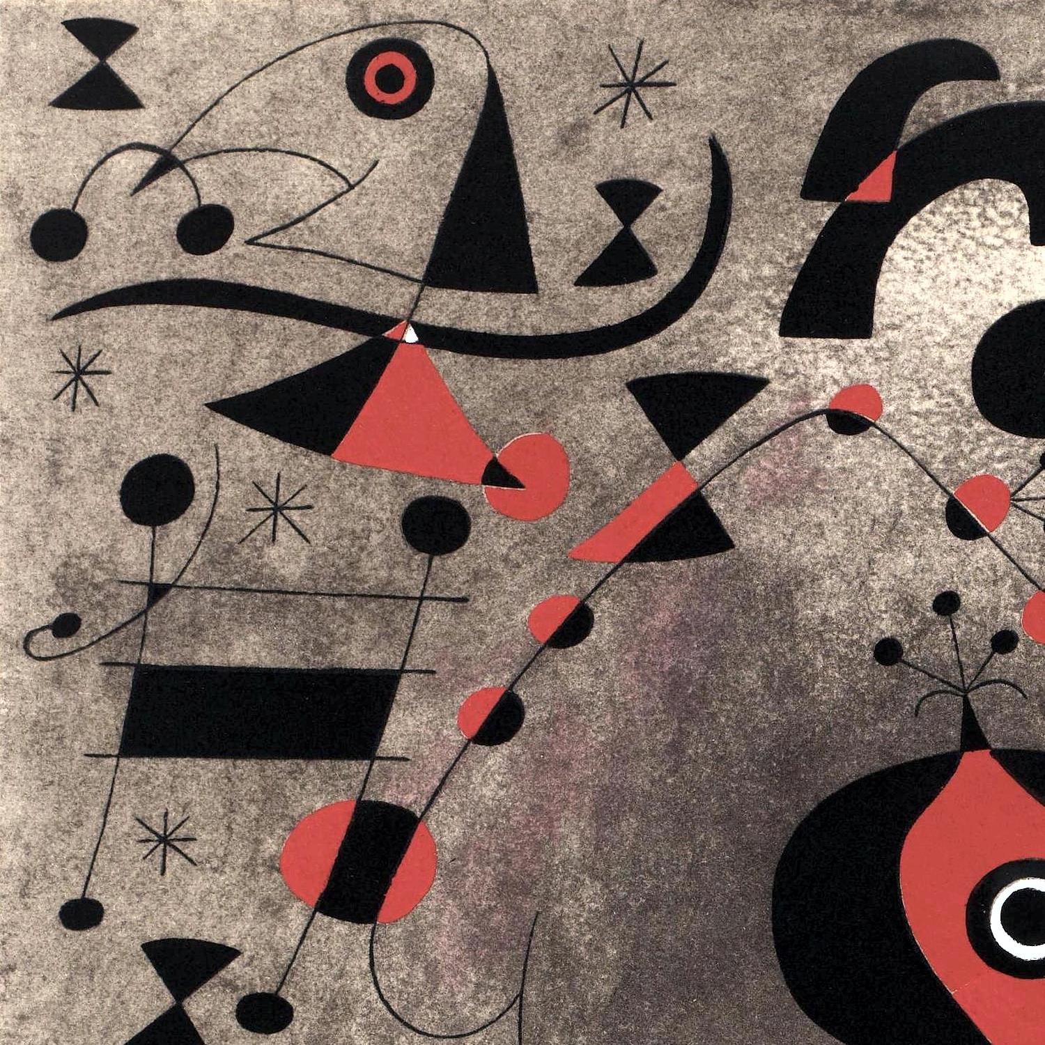 Abstract artwork with geometric shapes in black, red, and gray.