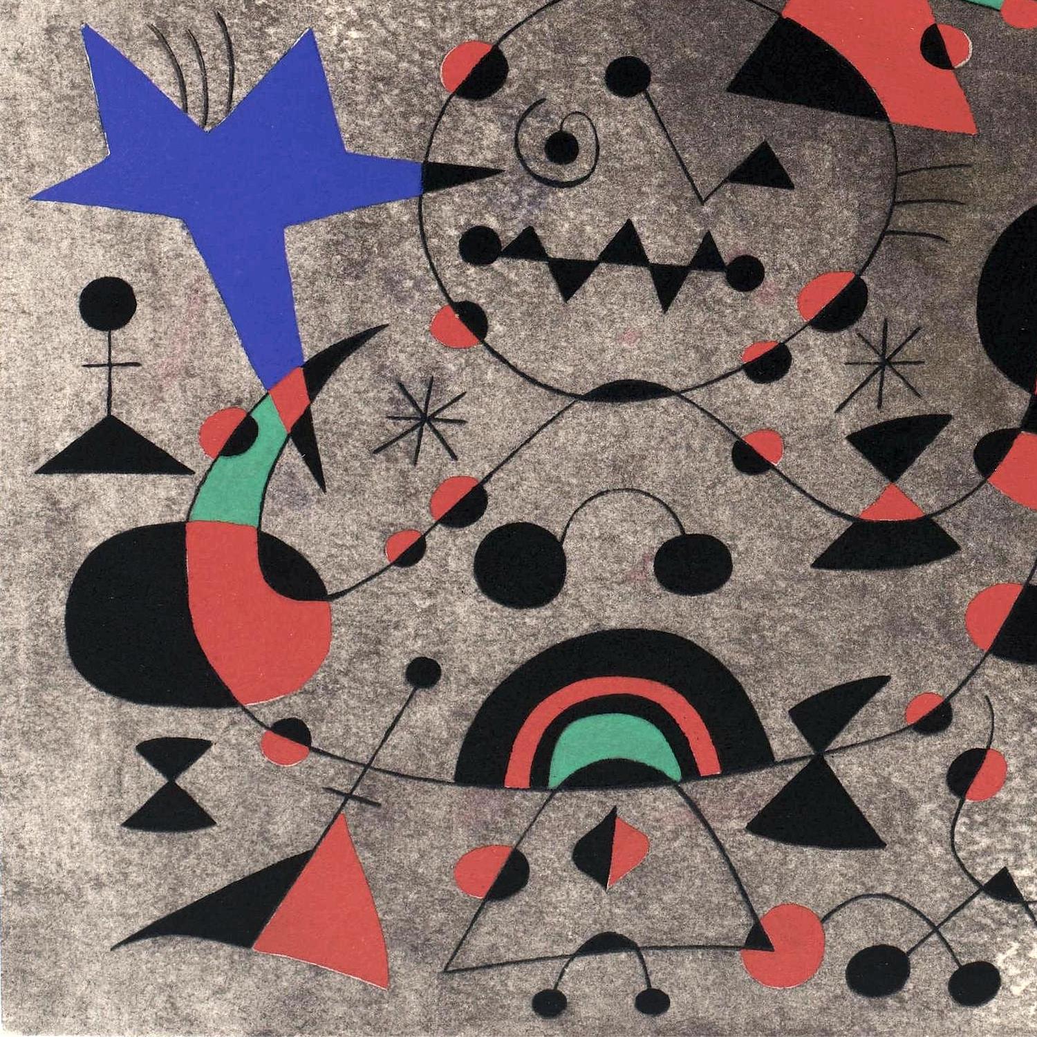 Abstract artwork with geometric shapes and bold colors on a textured background