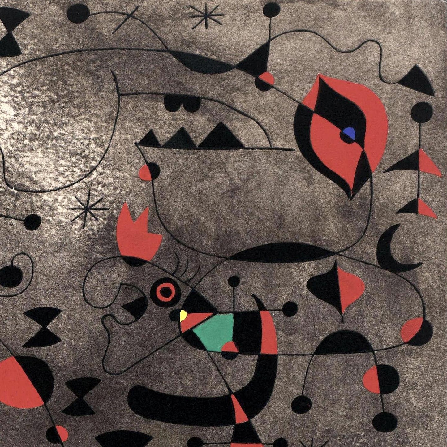 Abstract artwork with geometric shapes and colors on a gray background