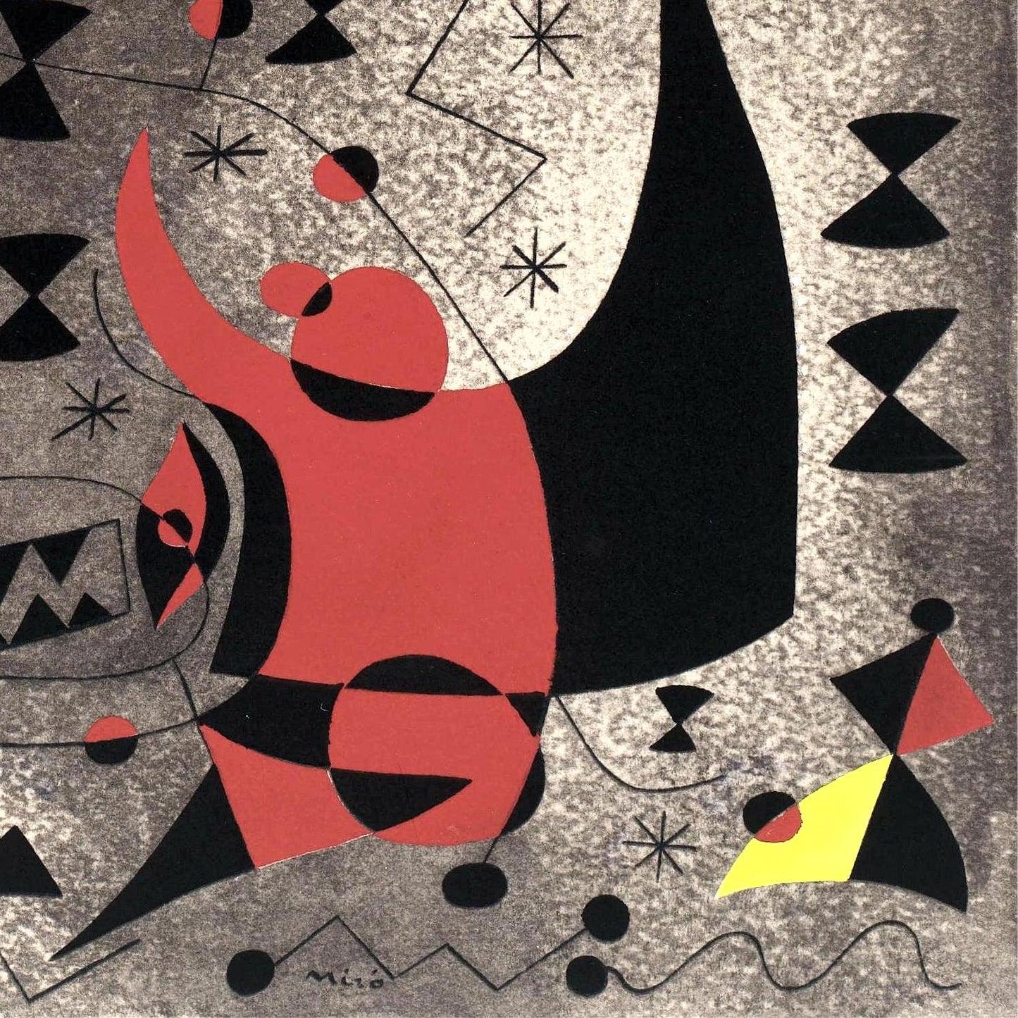 Abstract artwork with a red figure, black shapes, and geometric patterns on a gray background.
