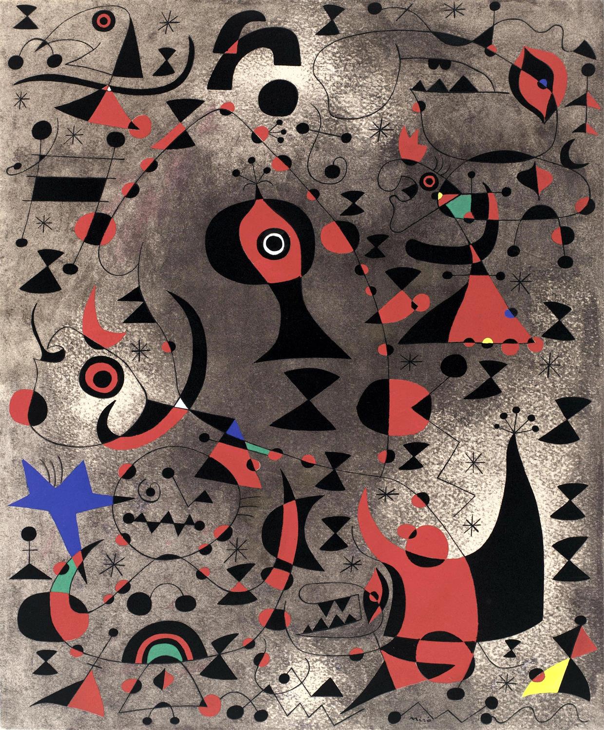 Abstract artwork with geometric shapes and bold colors on a gray background