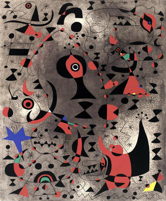 Abstract artwork with geometric shapes and bold colors on a gray background
