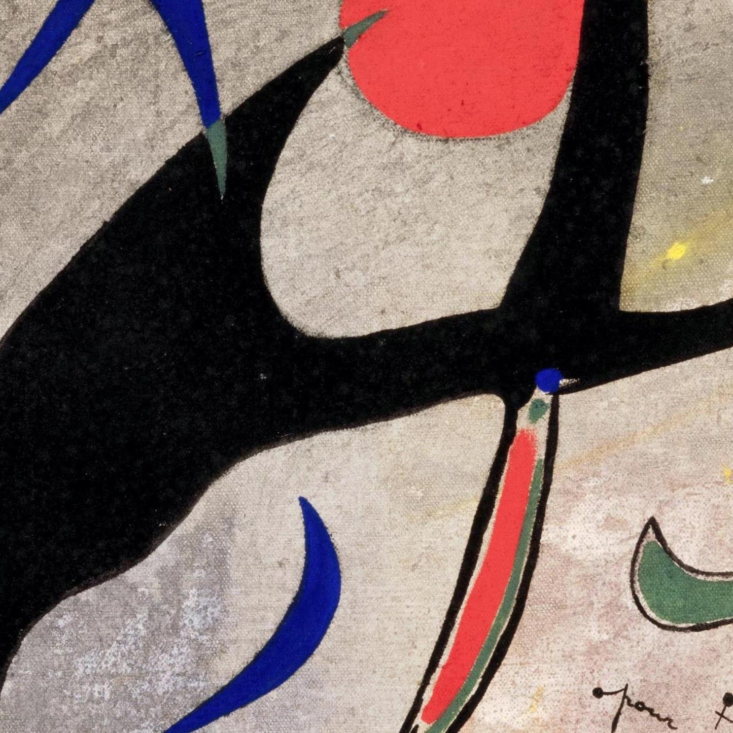 Abstract artwork with black, red, blue, and green shapes on a textured beige background