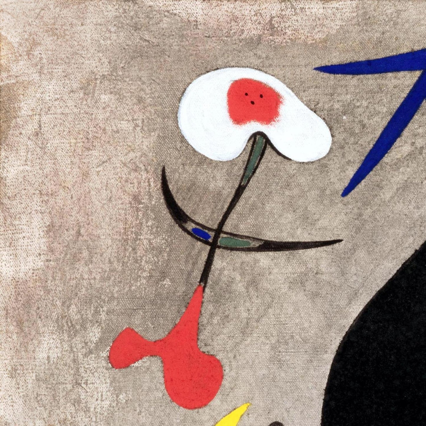 Abstract artwork with a white flower-like shape, red and blue elements on a textured beige background.