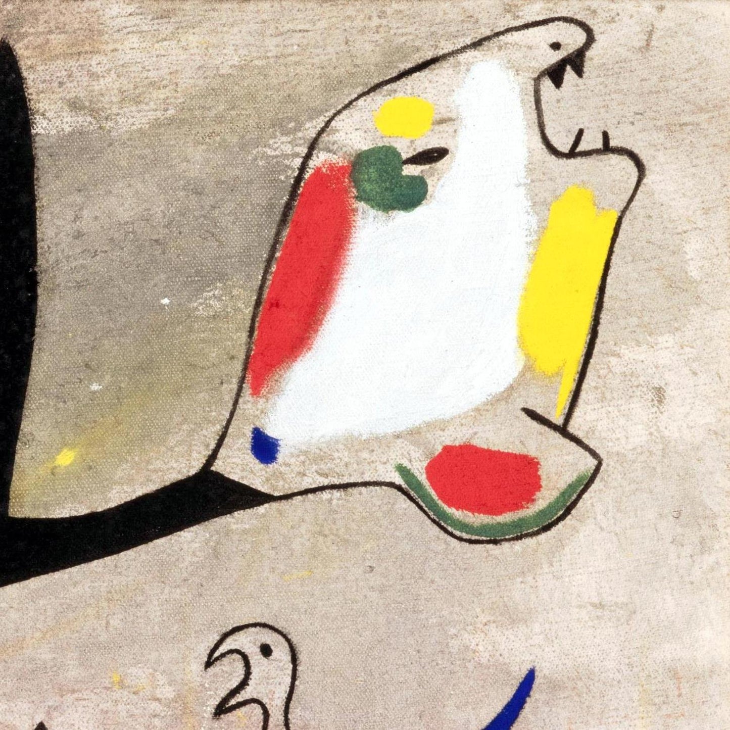 Abstract artwork with a colorful bird-like figure on a textured beige background