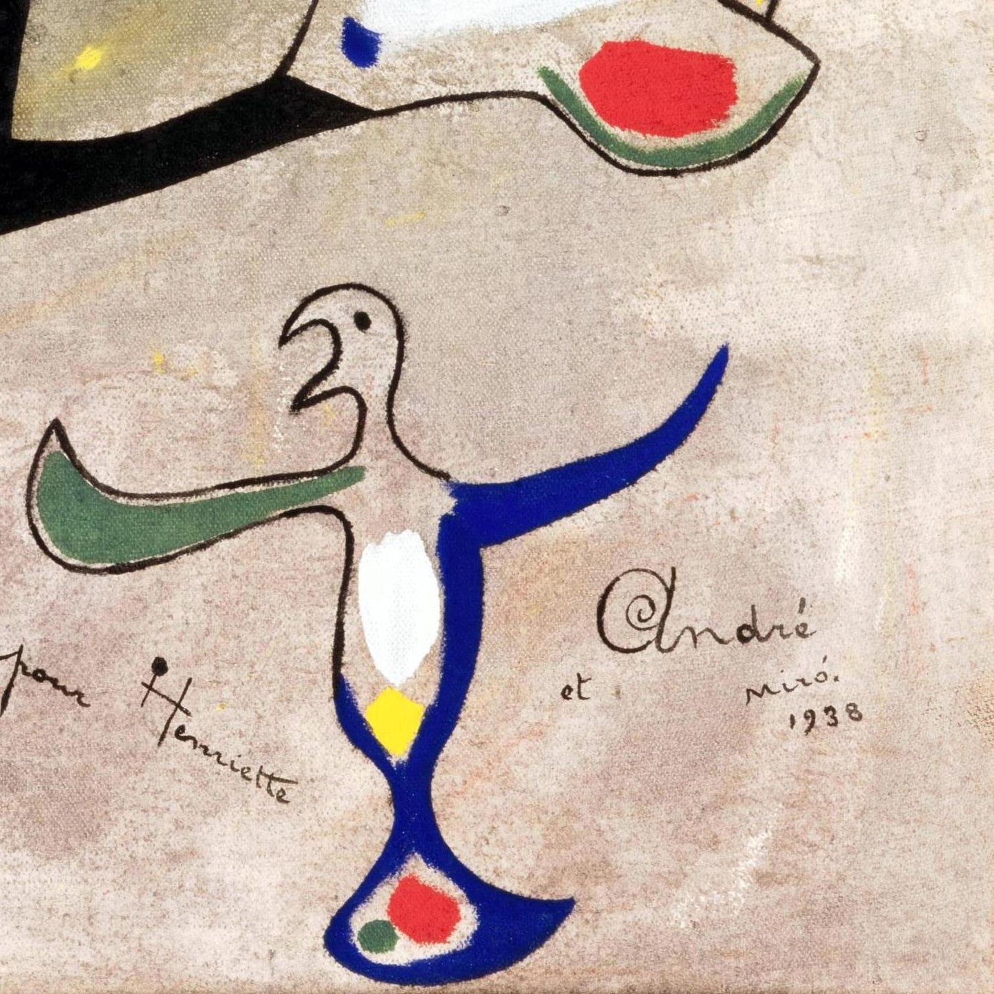 Abstract artwork with colorful shapes and signature, featuring a blue figure and various colors on a textured background.