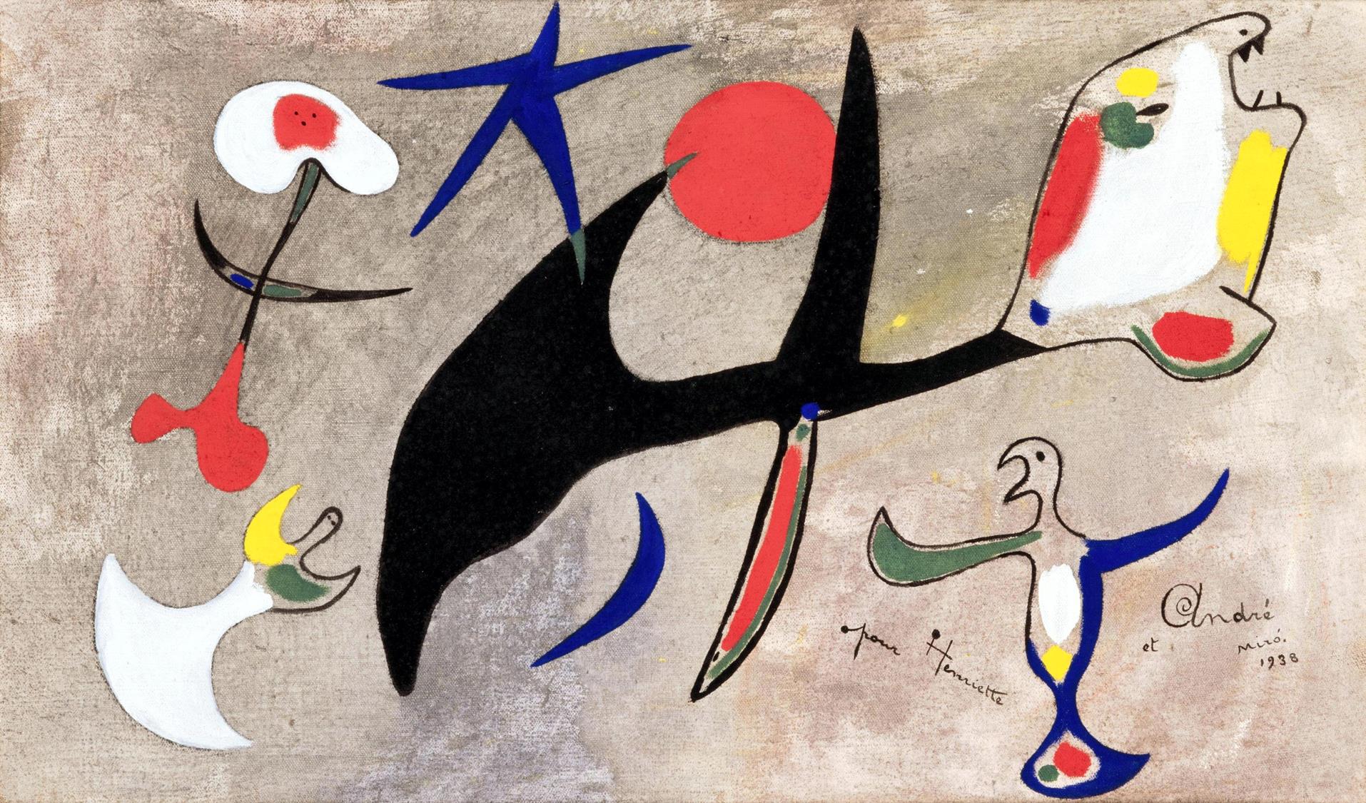 Abstract artwork with colorful shapes and lines on a textured background