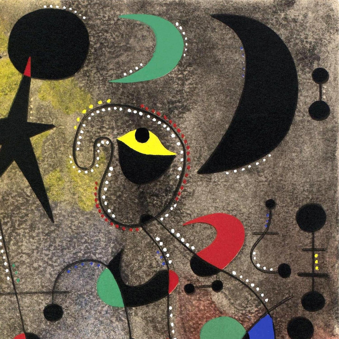 Abstract artwork with geometric shapes and colors on a textured background