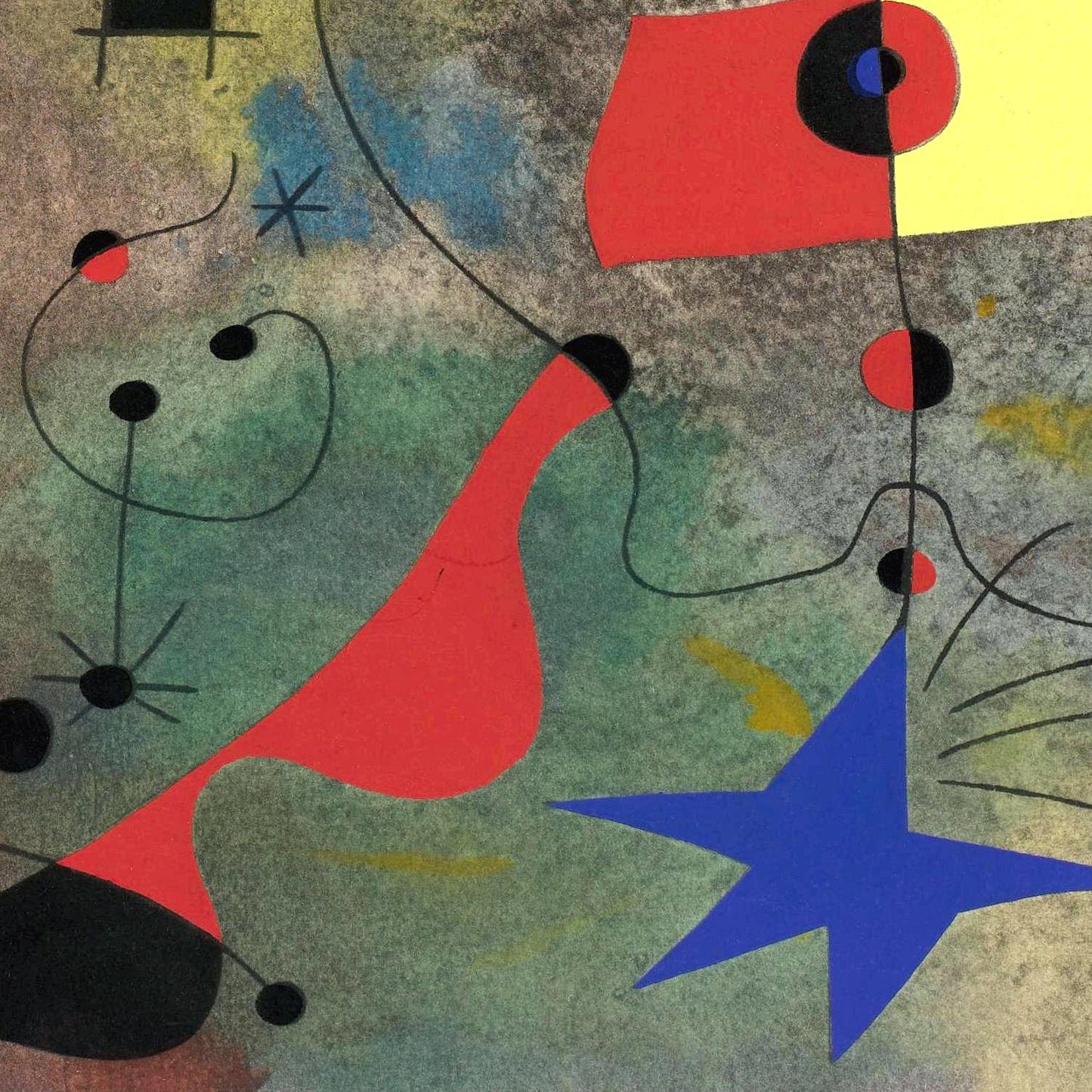 Abstract artwork with red, blue, and black shapes on a textured background