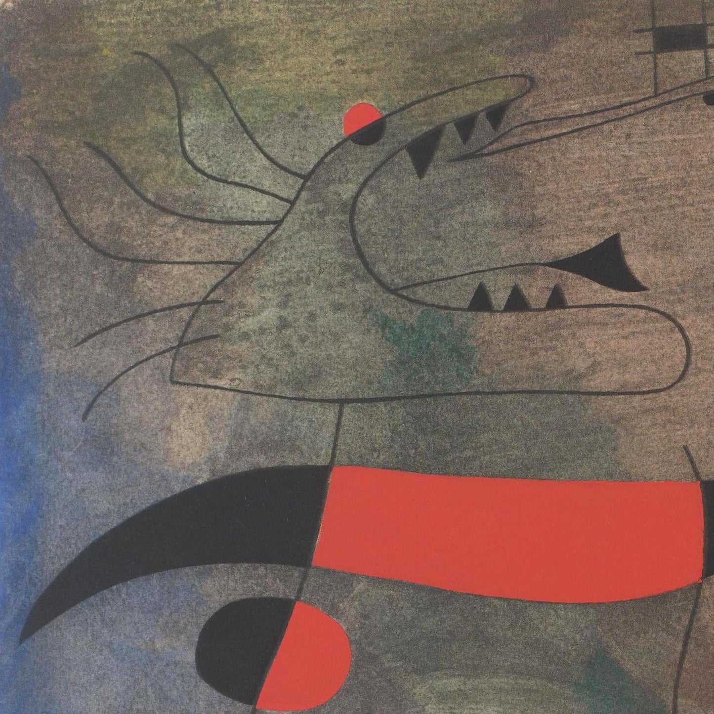 Abstract artwork with geometric shapes and a red element on a textured background