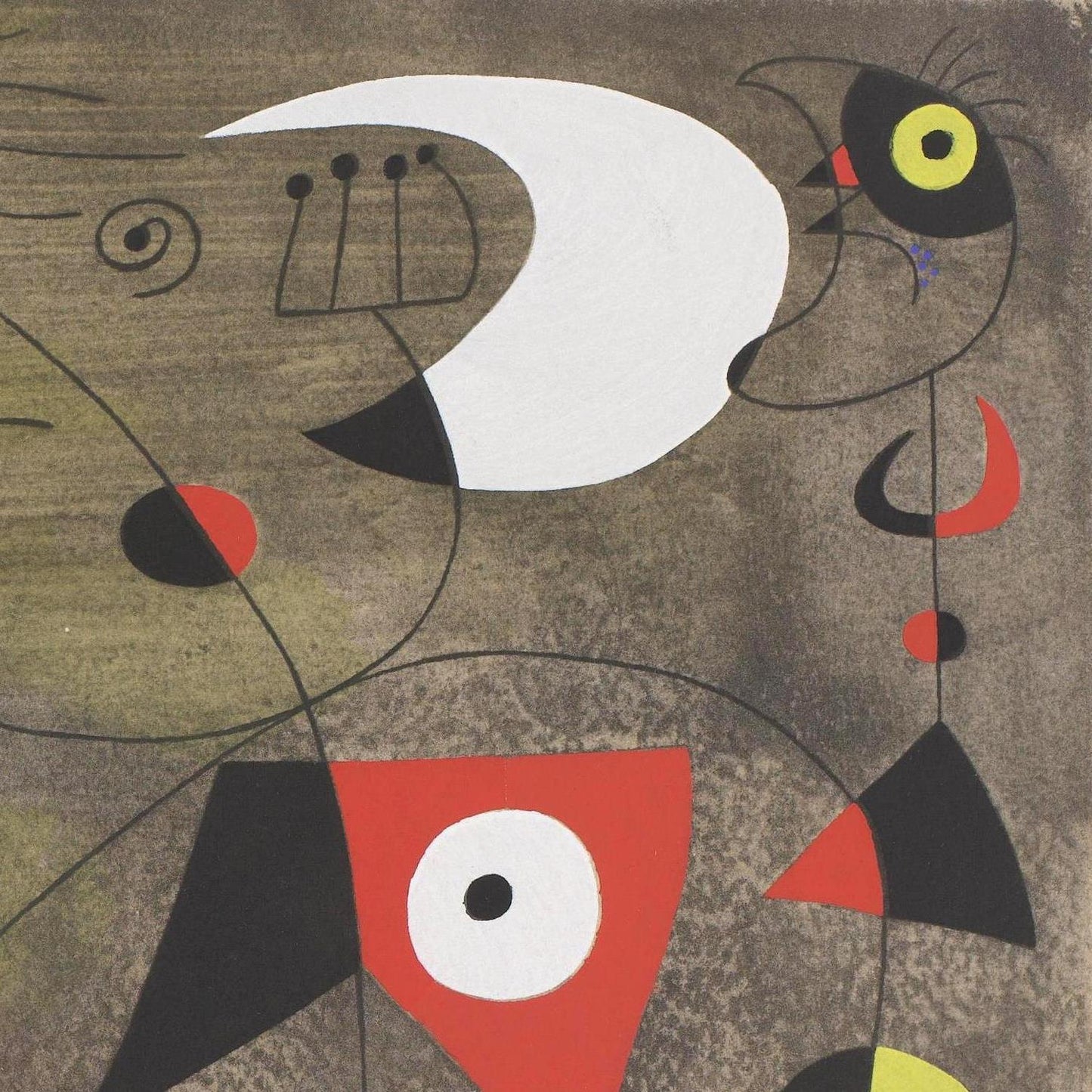 Abstract artwork with geometric shapes and bold colors on a brown background