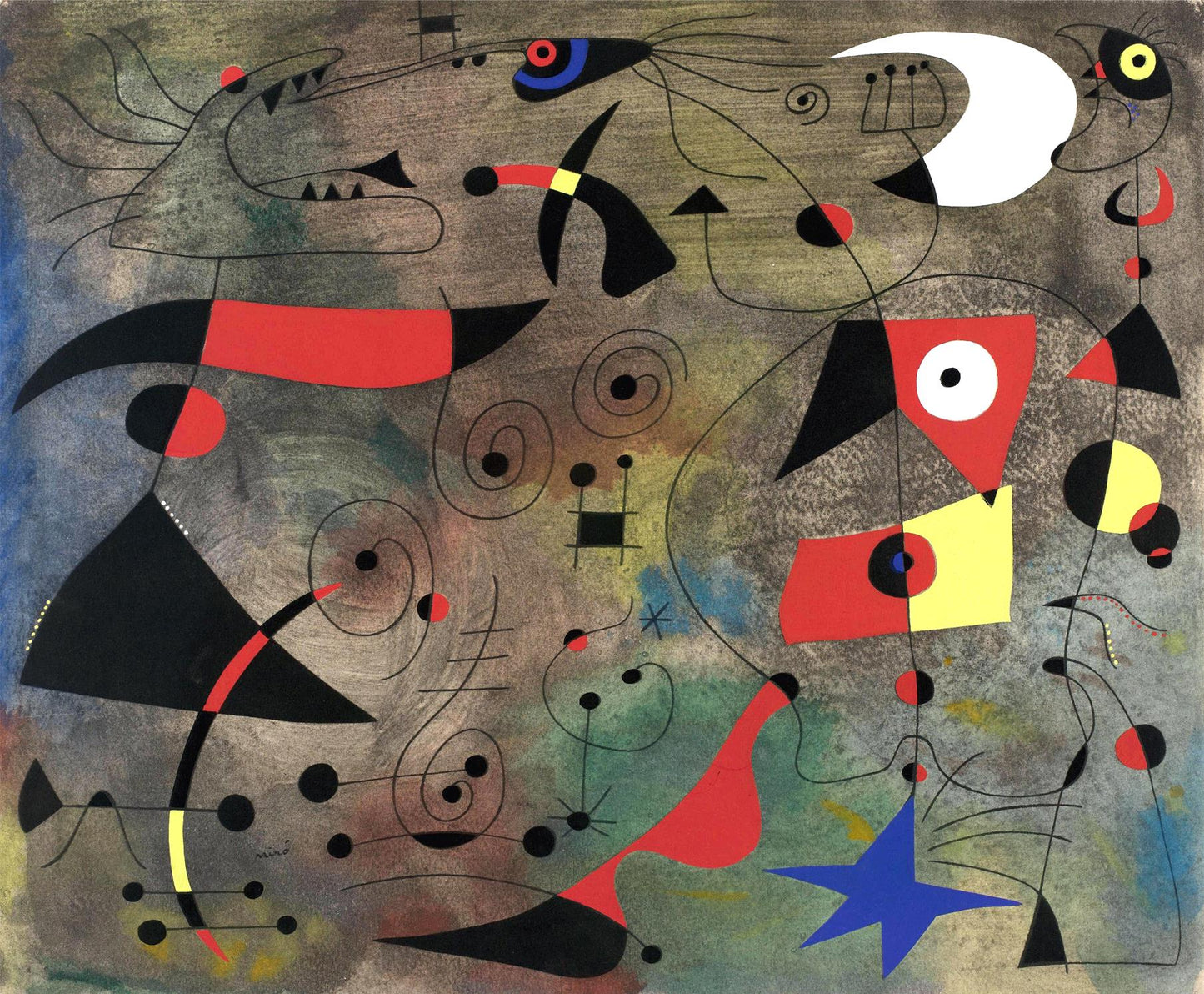 Abstract artwork with geometric shapes and bold colors on a textured background