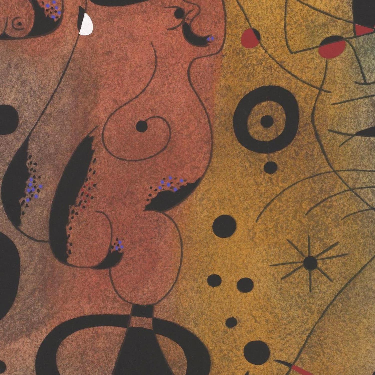 Abstract artwork with a stylized figure and geometric shapes on a brown background