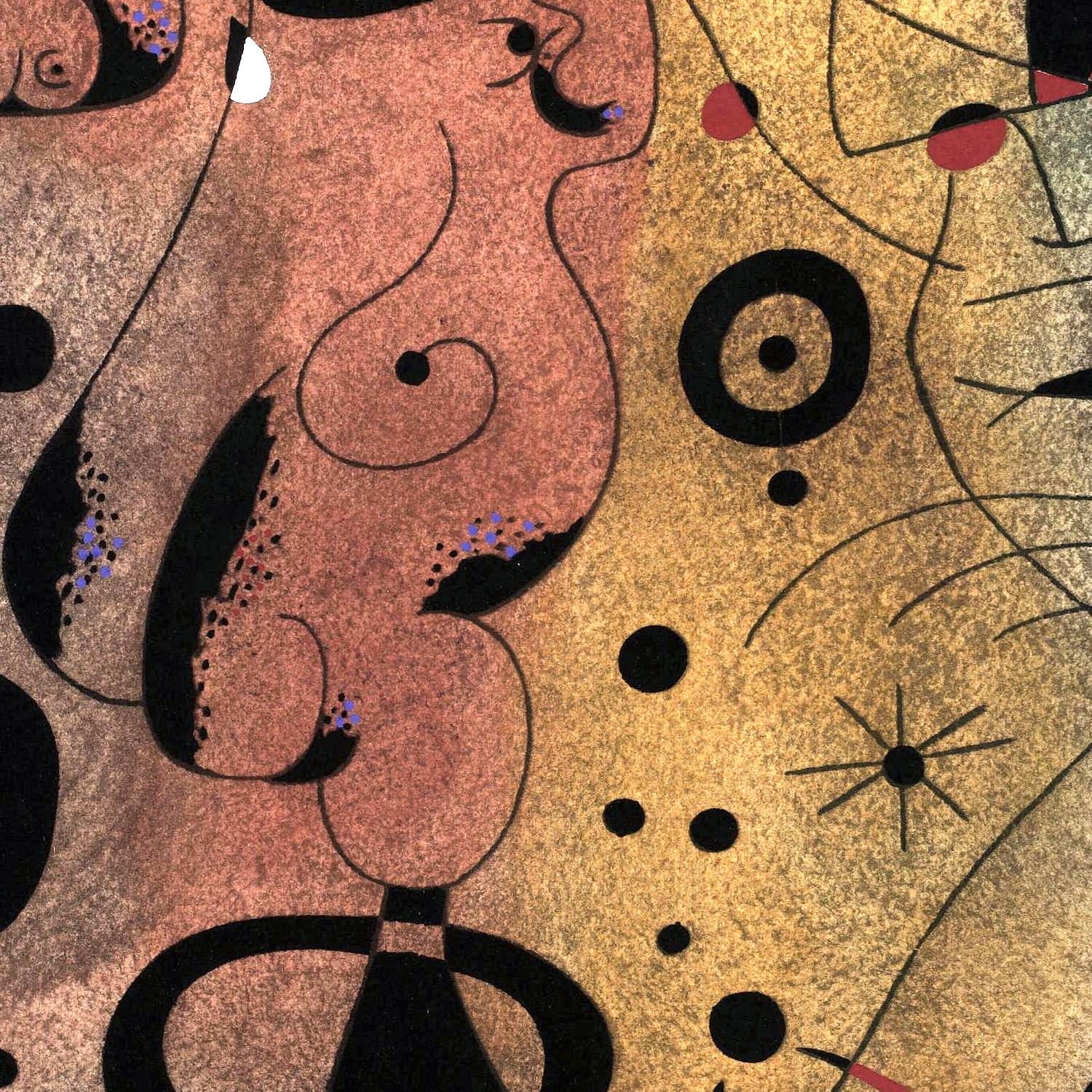 Abstract art with stylized human figure and geometric shapes on a patterned background