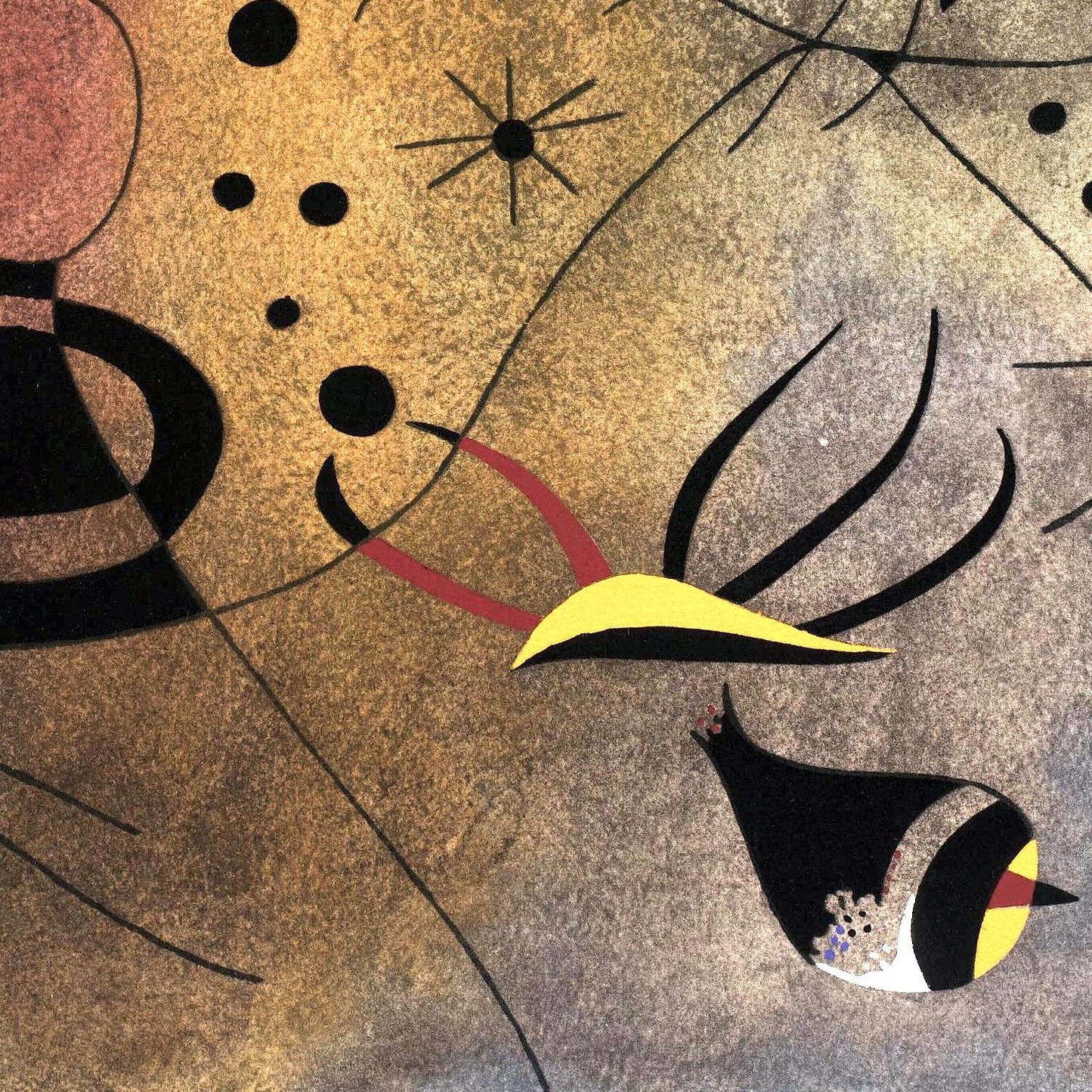 Abstract artwork with geometric shapes and a stylized face on a textured background