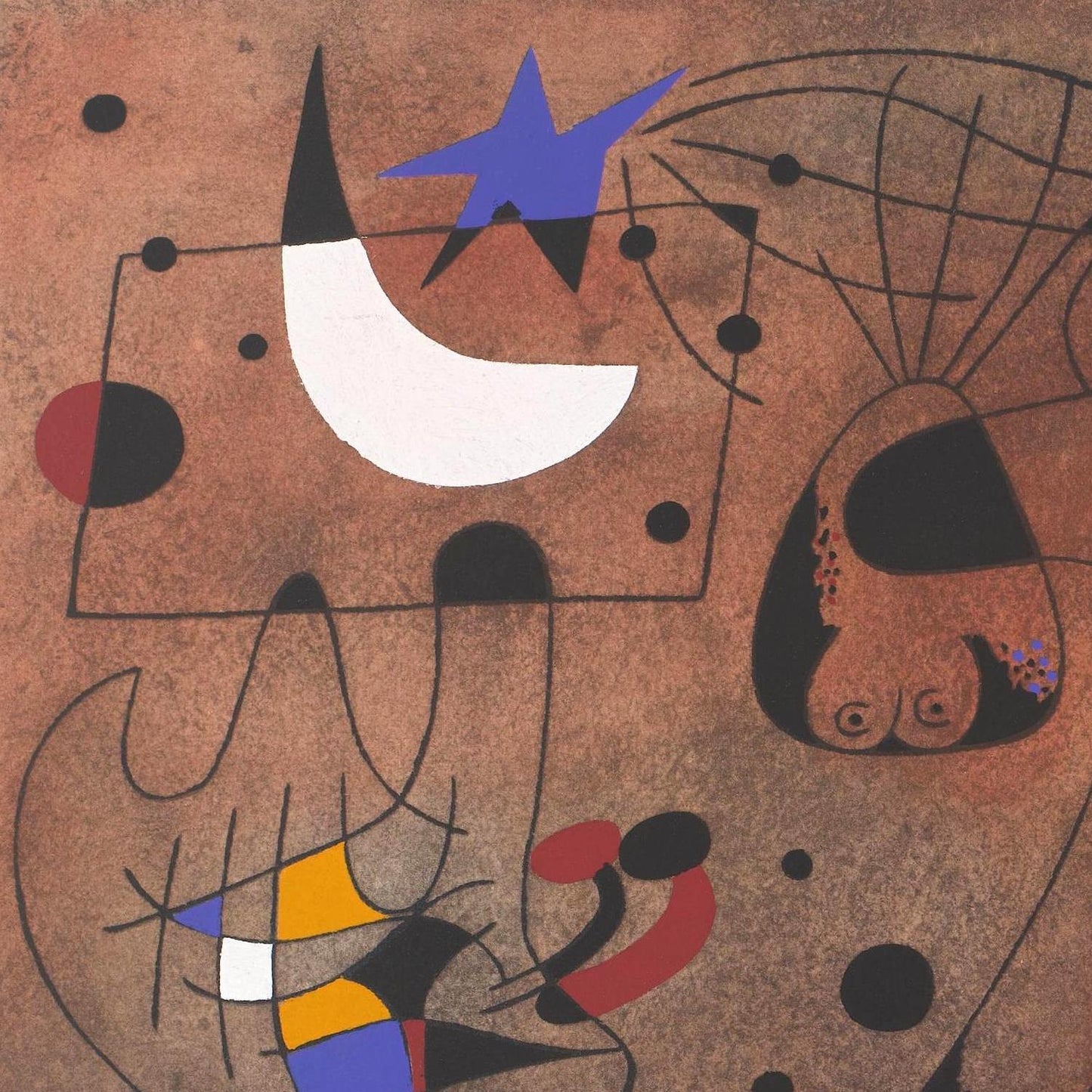 Abstract artwork with geometric shapes on a brown background