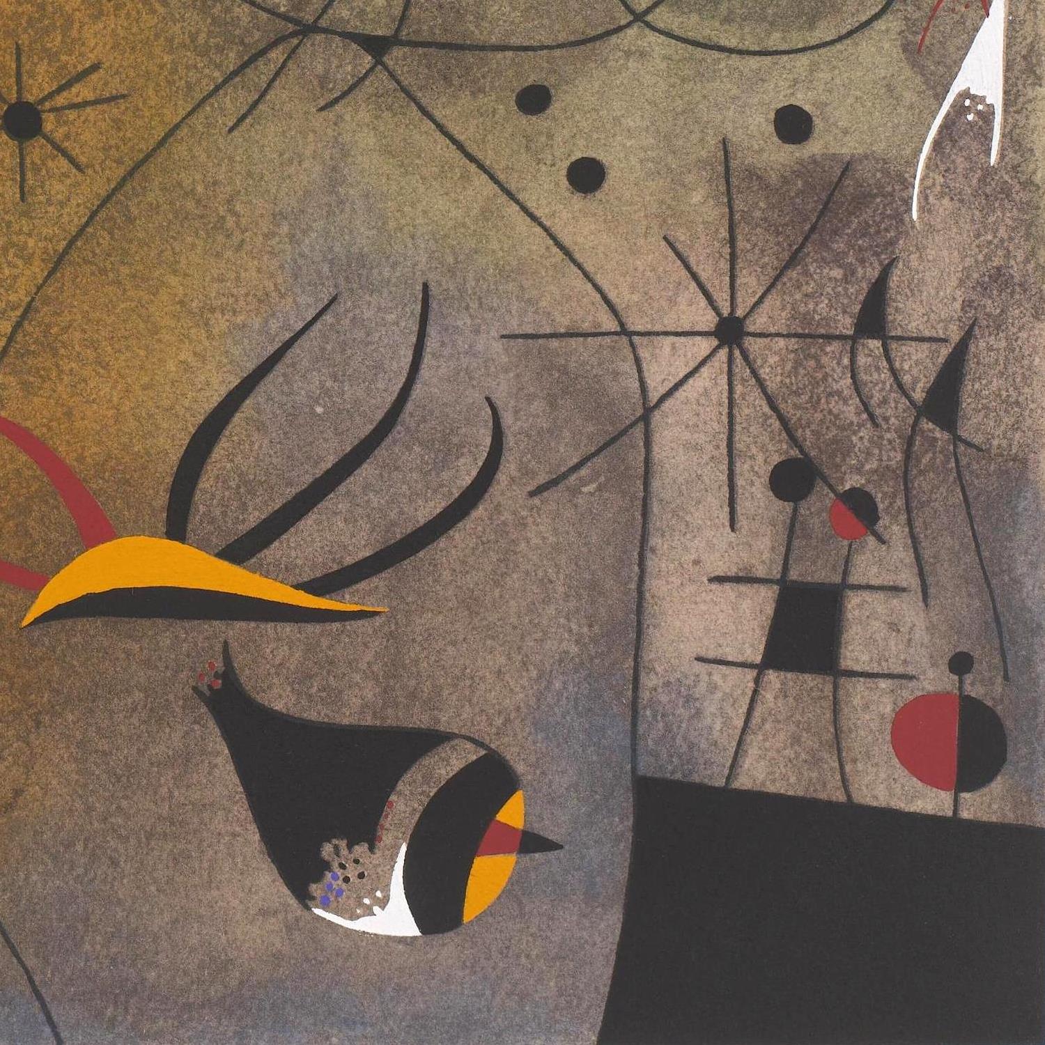 Abstract artwork with geometric shapes and a bird-like figure on a brown background