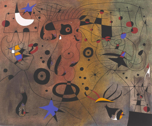 Abstract artwork with geometric shapes and colors on a brown background