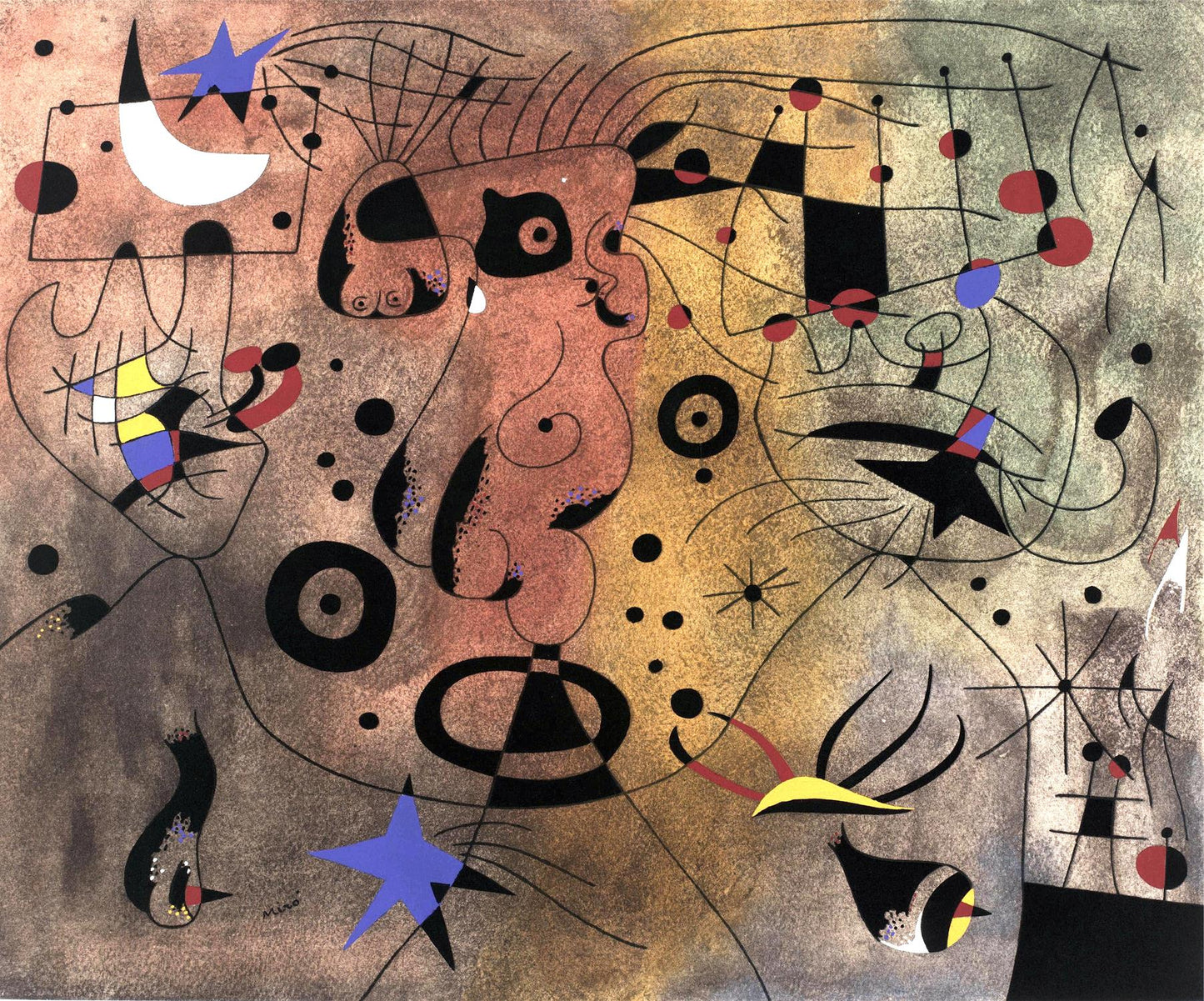 Abstract artwork with geometric shapes and colors on a brown background